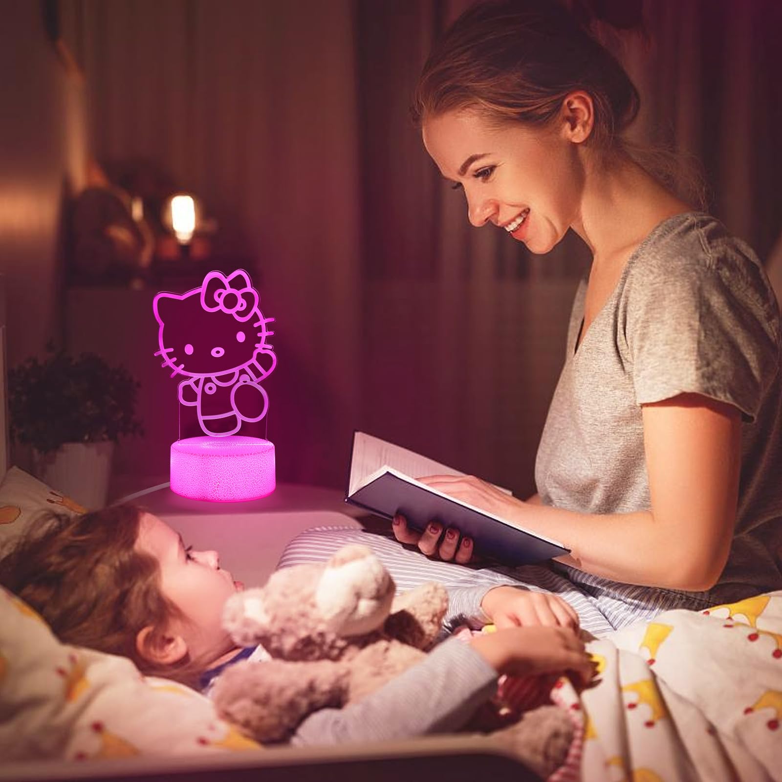 sunduck Pink Kawaii Kitty 3D Night Light - Corded Control, Unique Gift for Kids, Dreamy Room Decor, Model: pink03