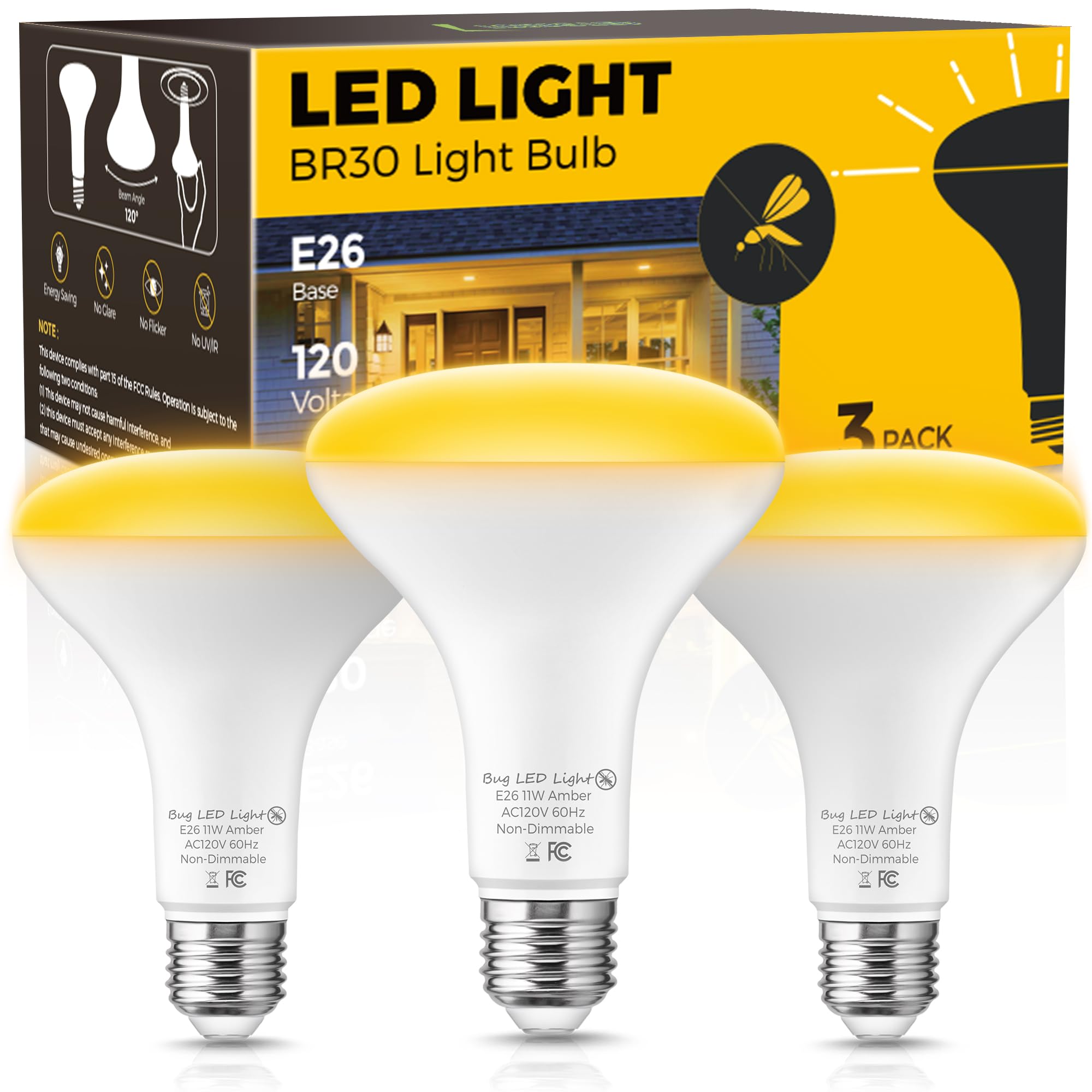 L Lohas Led Yellow Bug Light Bulbs Outdoor, 65W Equivalent Br30 Bug Flood Lights For Outside, Non-Attracting, 11W Amber Porch Li