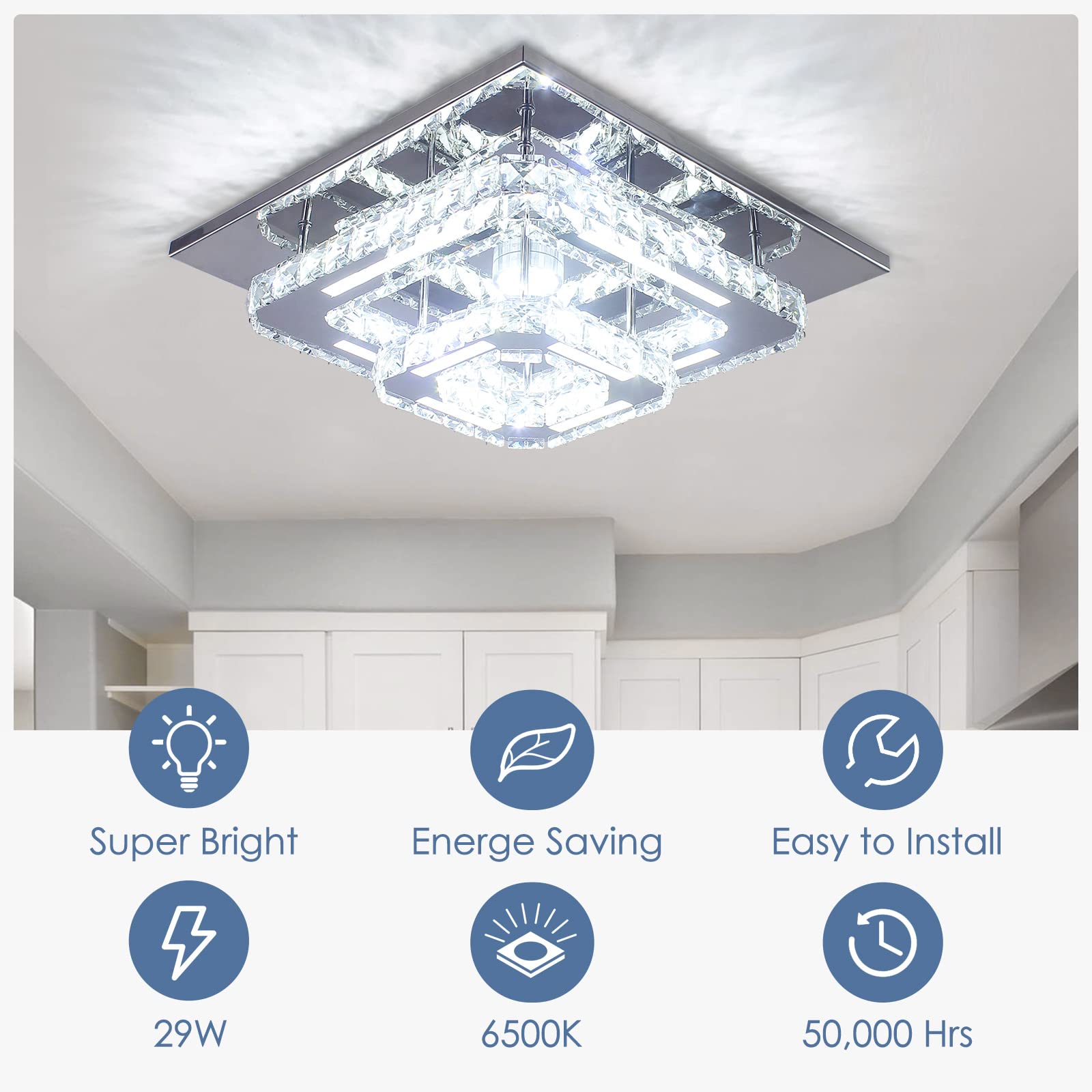 Cxgleaming Modern Crystal Chandelier - 12 Flush Mount Ceiling Light Fixture With Remote Control - Dimmable Led Chandelier For Bedrooms Living Rooms Closet Hallways Bathroom