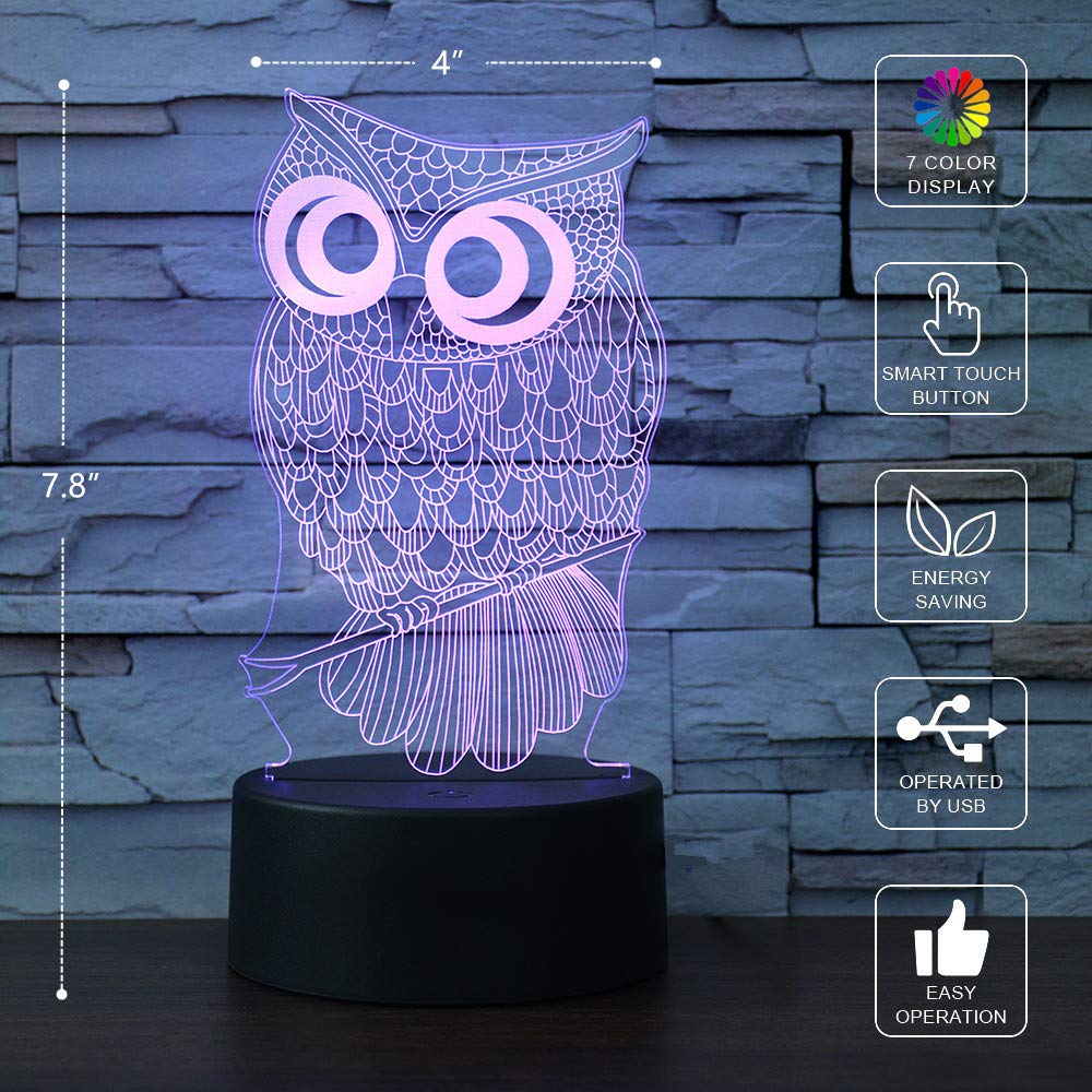 I-Chony Owl 3D Illusion Lamp - 7 Color Touch Table Night Light For Kids, Acrylic, Model Ch-26653, Perfect Gift For Boys And Girls