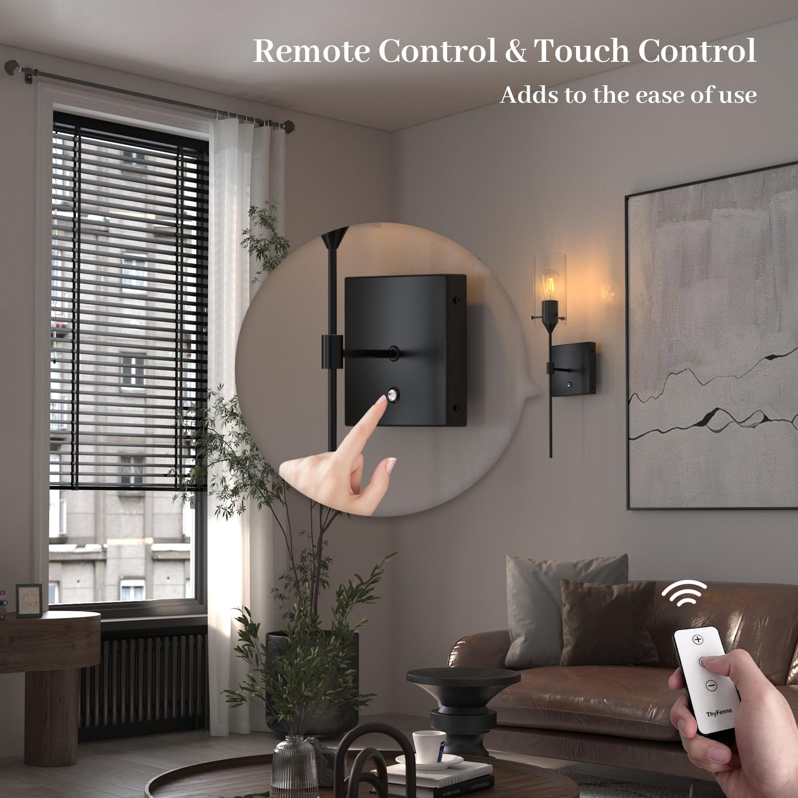 ThyFenno Battery Operated Wall Sconce Set of 2, Dimmable, Remote Control, Black, Metal, Model TF-1T T1L