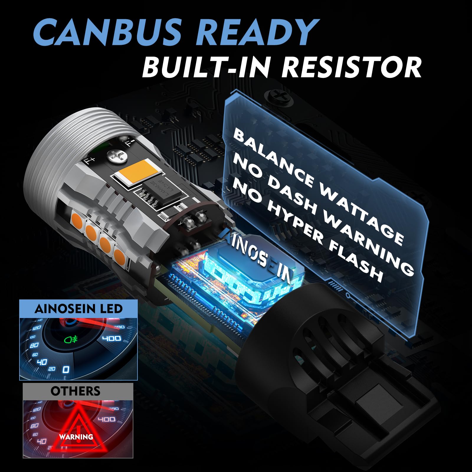 AINOSEIN LED Bulb Amber Turn Signal Light, 7440/7443, Built-in Resistor, CANBUS Error Free, Aluminum, 3570 Chips, Anti Hyper Flash