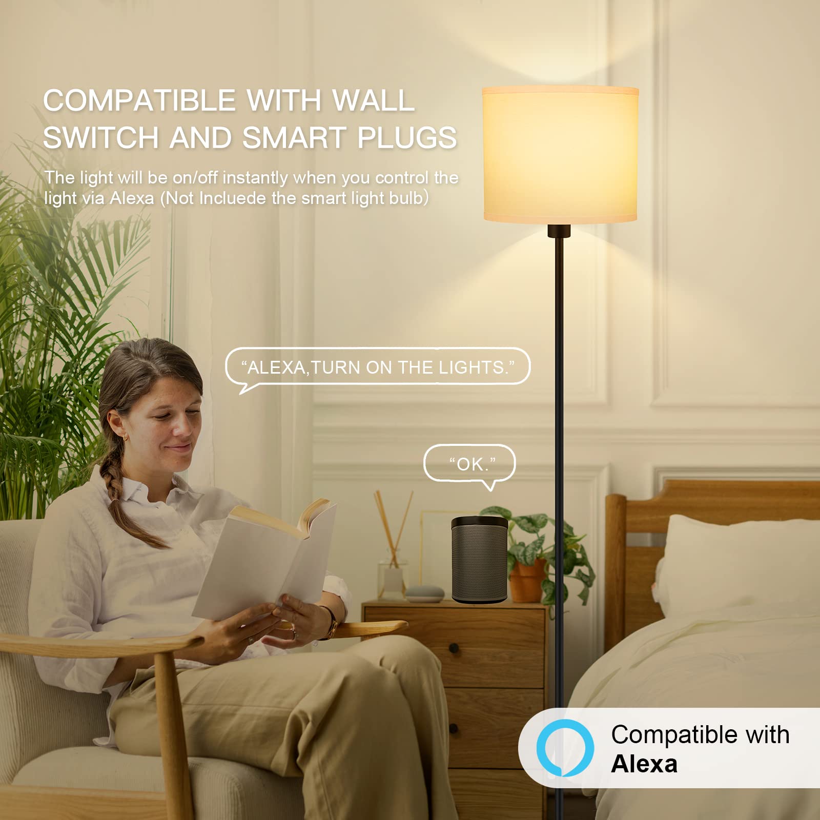 Auquee White Floor Lamp 59&quot; Tall, Simple Design With Bulb, Foot Switch - Kids & Living Room