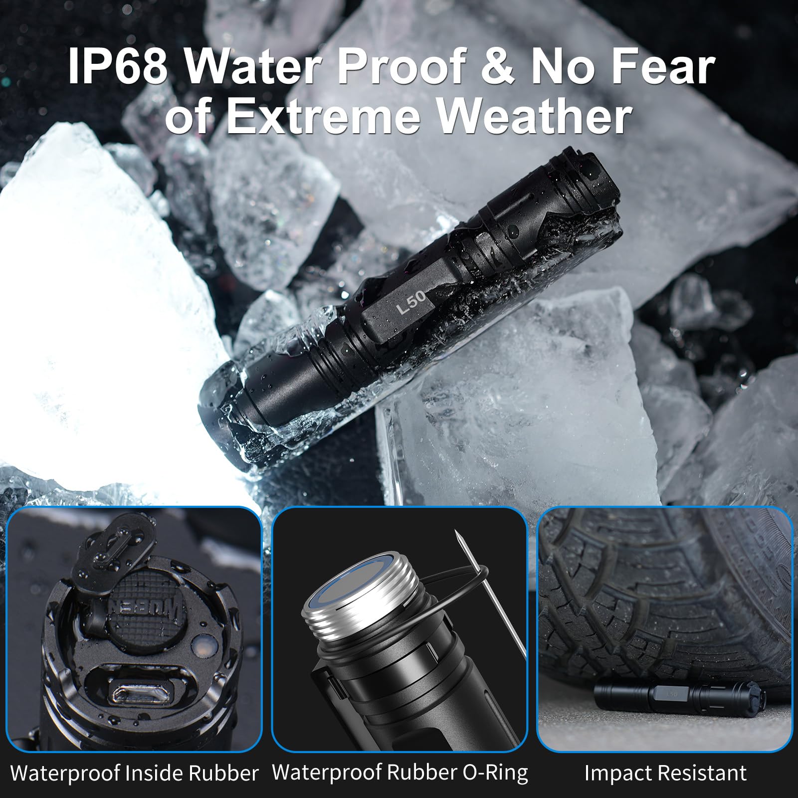 WUBEN L50 Rechargeable Flashlight, 1200 Lumens, IP68 Waterproof, Aluminum, Black