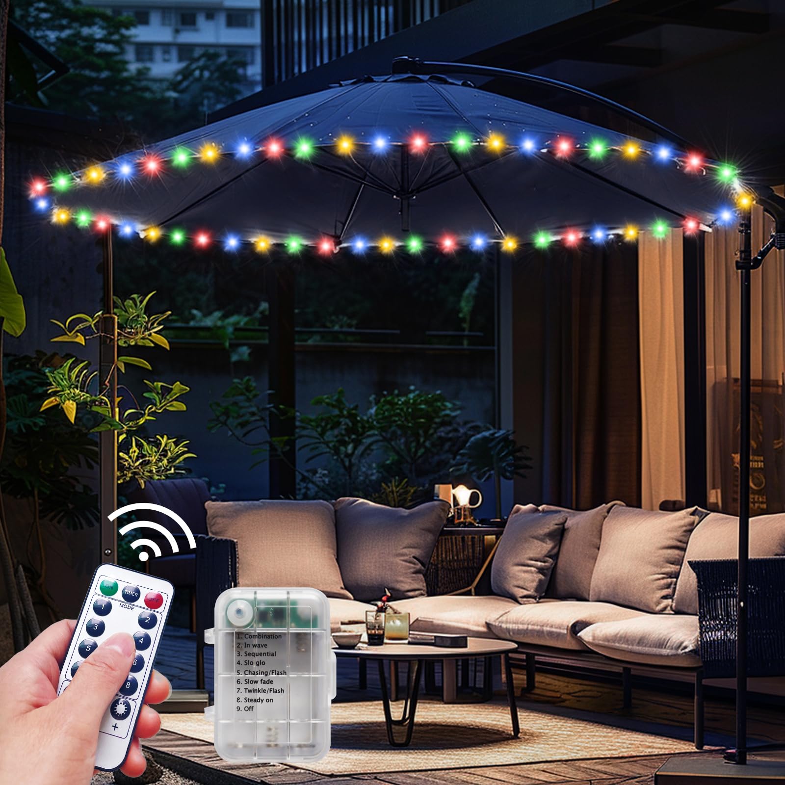 Patio Umbrella Lights Cordless LED Market Table Umbrella Lights with Remote Control Battery Operated Waterproof Parasol String L
