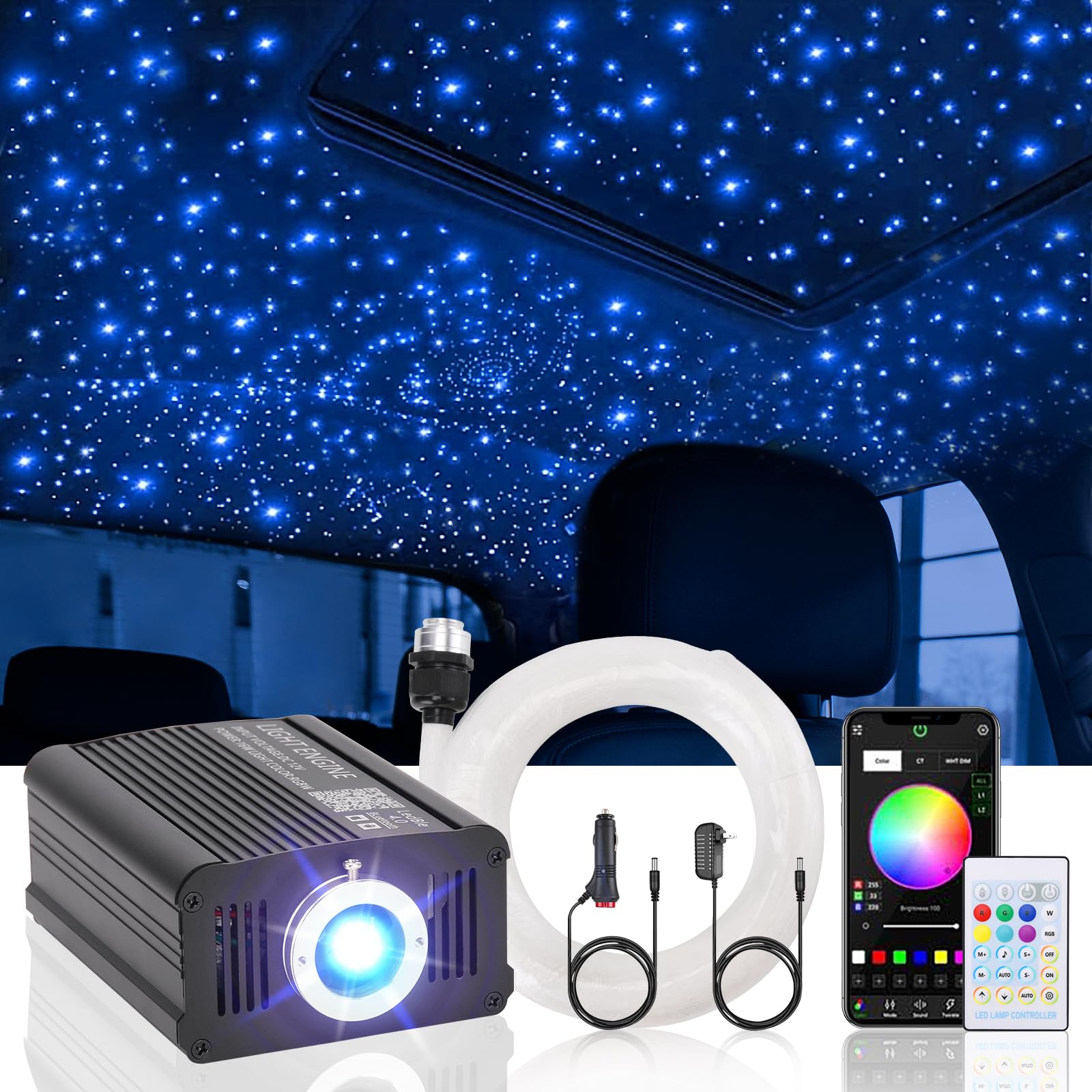 Twinkle Headliner Star Light Kit, 500Pcs*0.03in*9.8ft Ceiling Fiber Optic Lights APP/Remote Control Star Effect Music Mode RGBW 