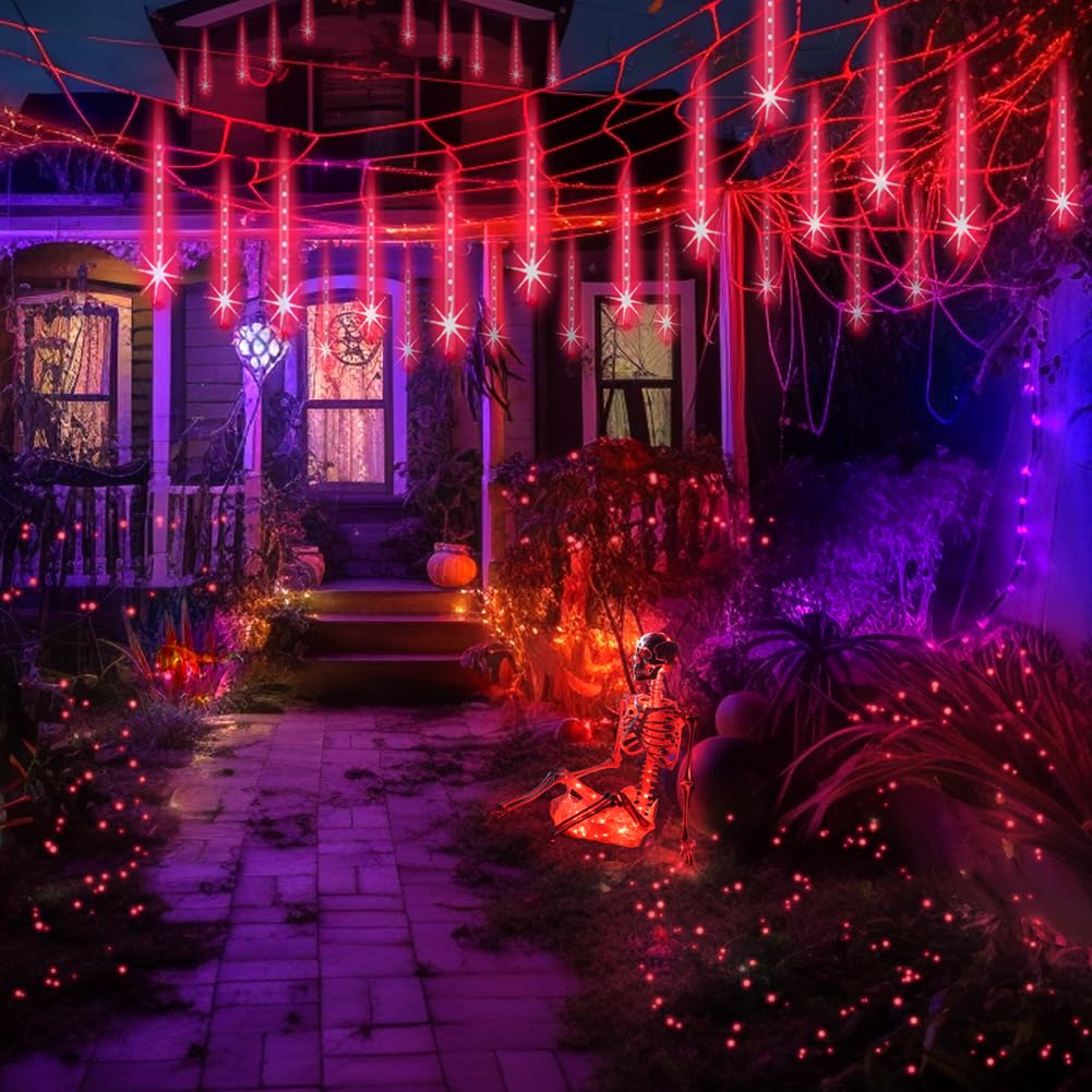 Aukora Red Led Halloween Lights Outdoor, Christmas Lights Outside, 8 Tube Snow Falling Rain Icicle String Light For Xmas Tree Pa