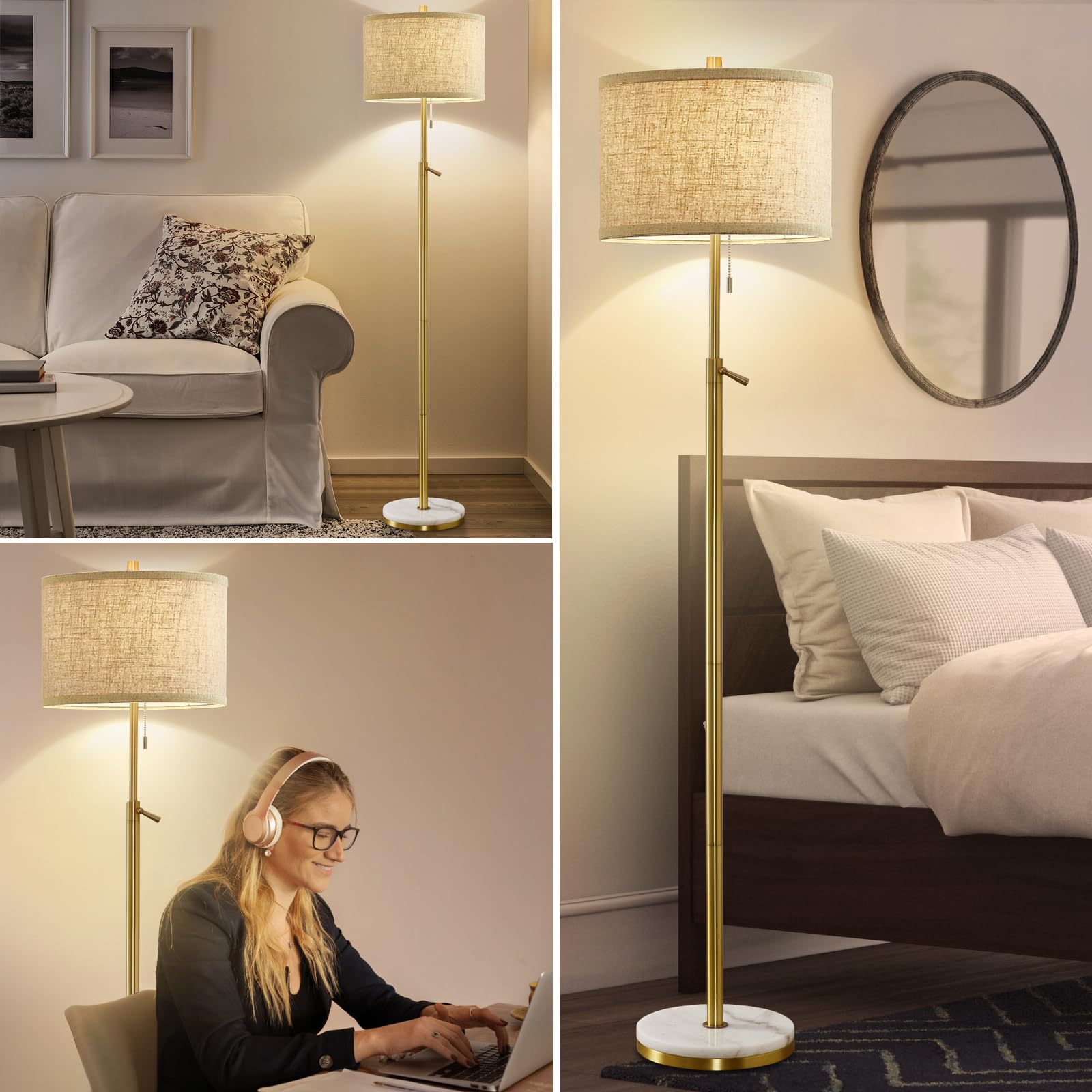 GyroVu Marble Floor Lamp, Adjustable Height, Gold, Stone Base, Pull Chain Switch, Tall Lamp for Living Room, Bedroom, Office