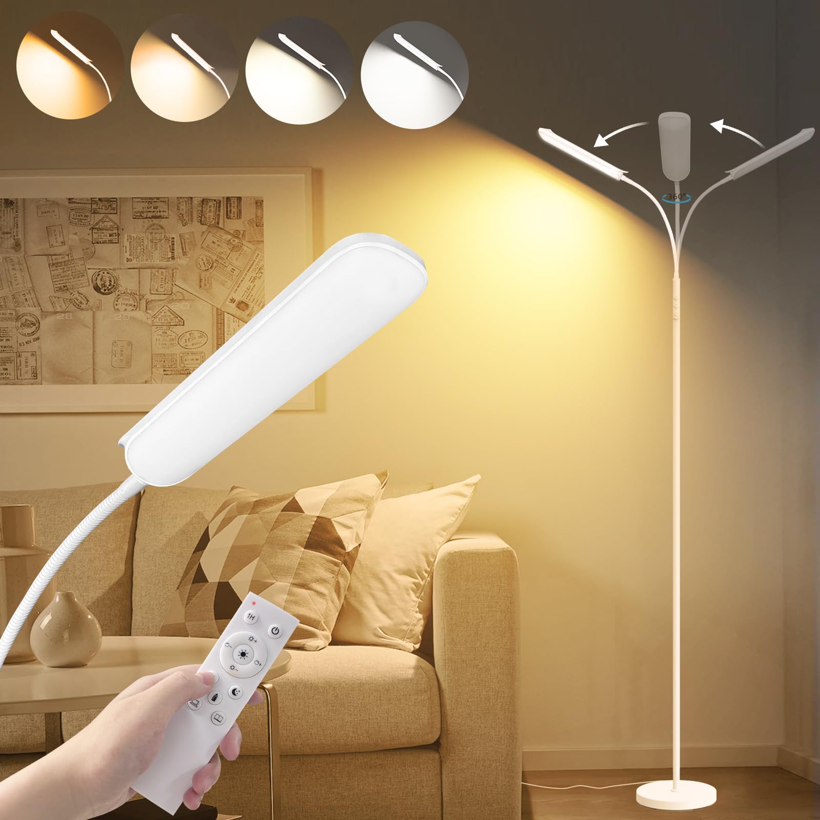 marctronic White Floor Lamp, 18W 1800LM Bright LED Floor Lamp for Living Room Bedroom, Dimmable Timing Eye Caring Reading Standi
