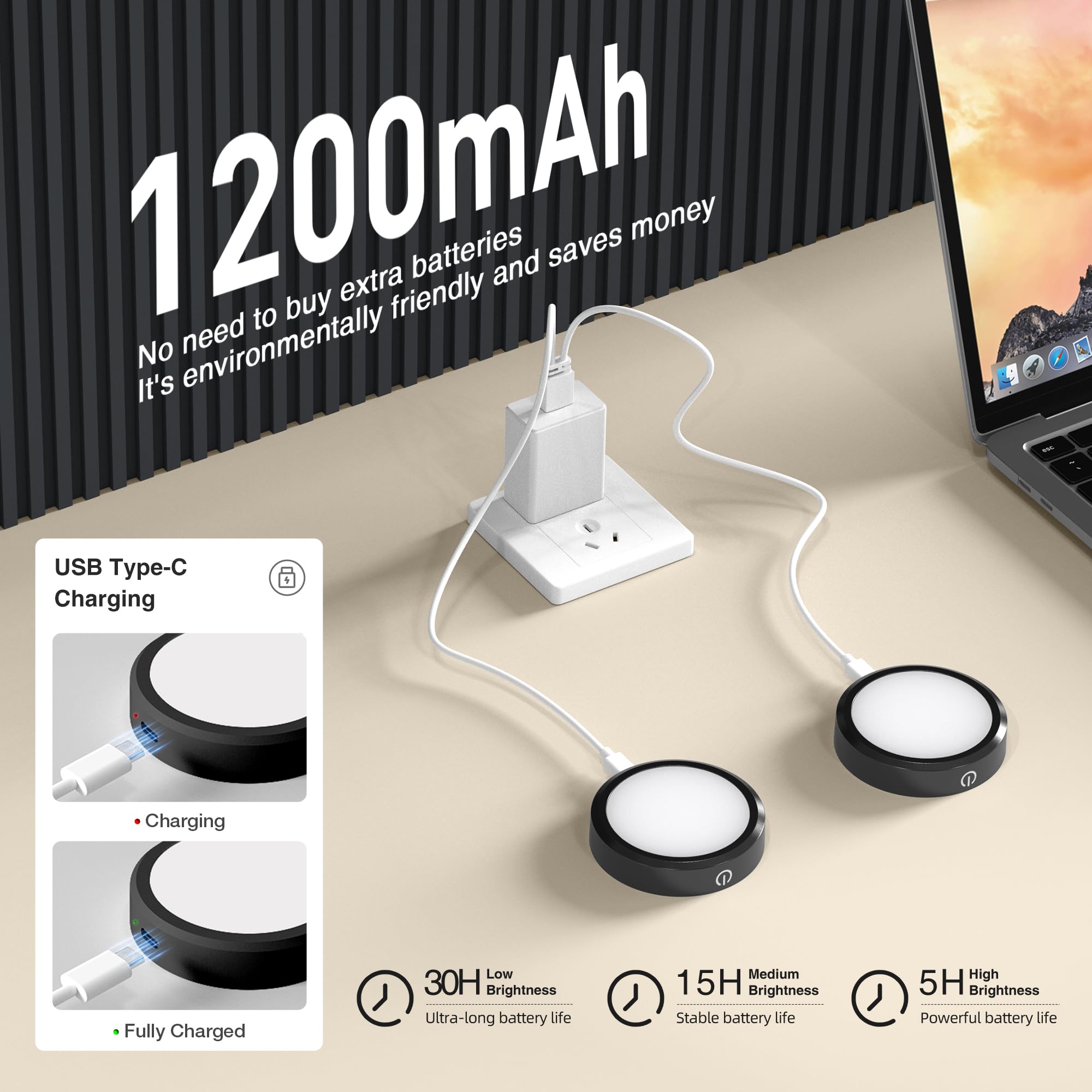 MICLIONLED Rechargeable Puck Lights, Remote Control, 3 Color Temperatures, 2 Pack, Black, Model M3-G17, Plastic, Under Cabinet Lighting