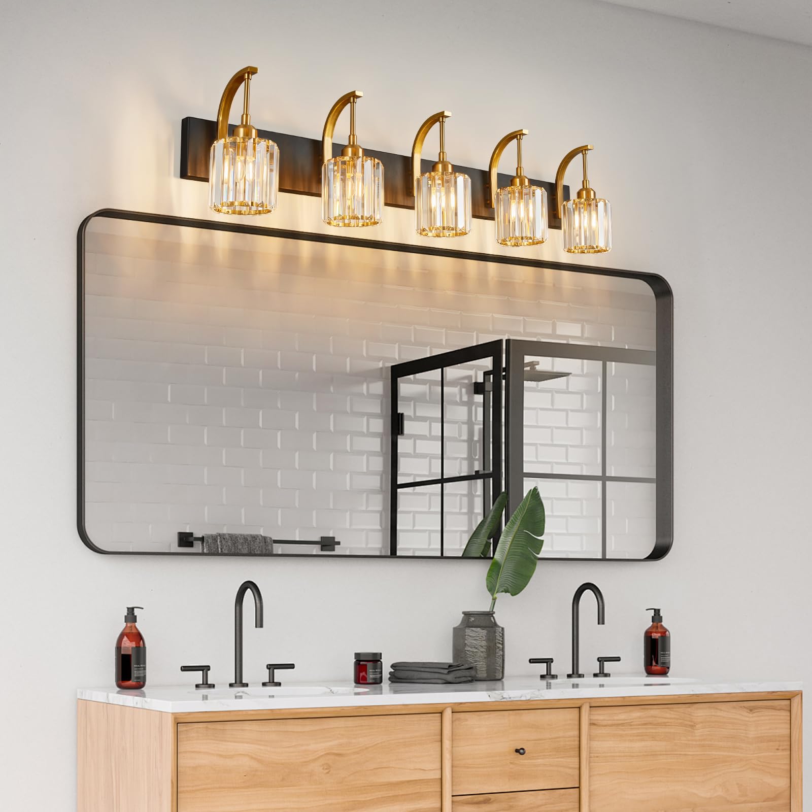 Fdpby 5-Light Crystal Vanity Light  Modern Black Gold Bathroom Wall Sconce With K9 Crystal Shades  42.51 Long Over Mirror Lighting For Vanity  Makeup  Hallway  Elegant & Easy Installation
