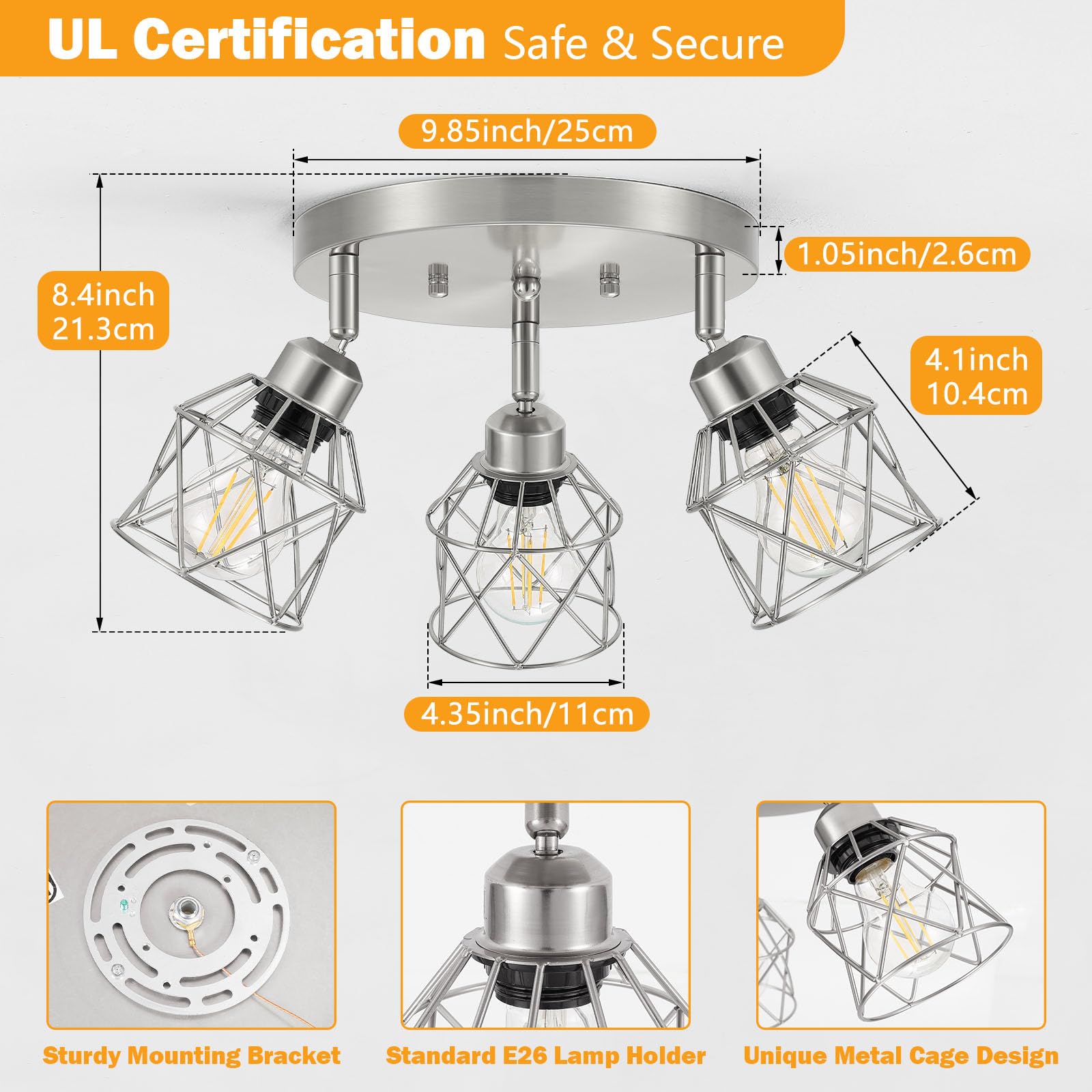 Baocuz 3-Light Semi Flush Mount Ceiling Light, Adjustable E26 Base, Metal, Silver, Model XLZCBN-3