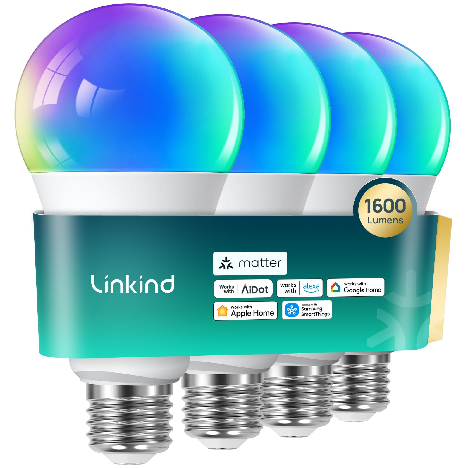 Linkind Smart Light Bulb, RGBTW LED Color Changing, 100W Equivalent, 4 Pack, Wi-Fi Compatible, Model LS0102111261