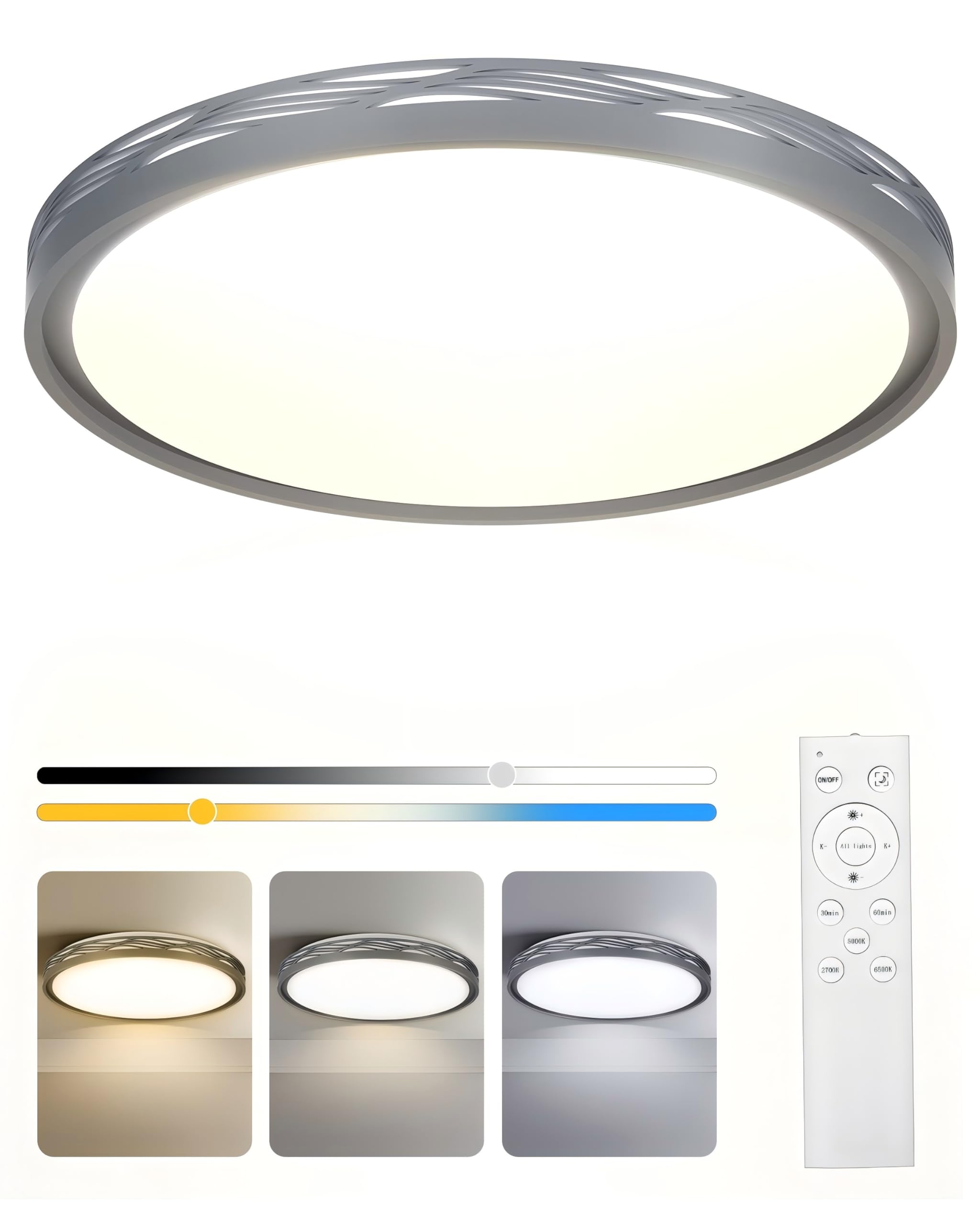 FCPVHOY LED Ceiling Light Fixture, 20 Inch, 70W Dimmable, 8900lm, Metal, Grey
