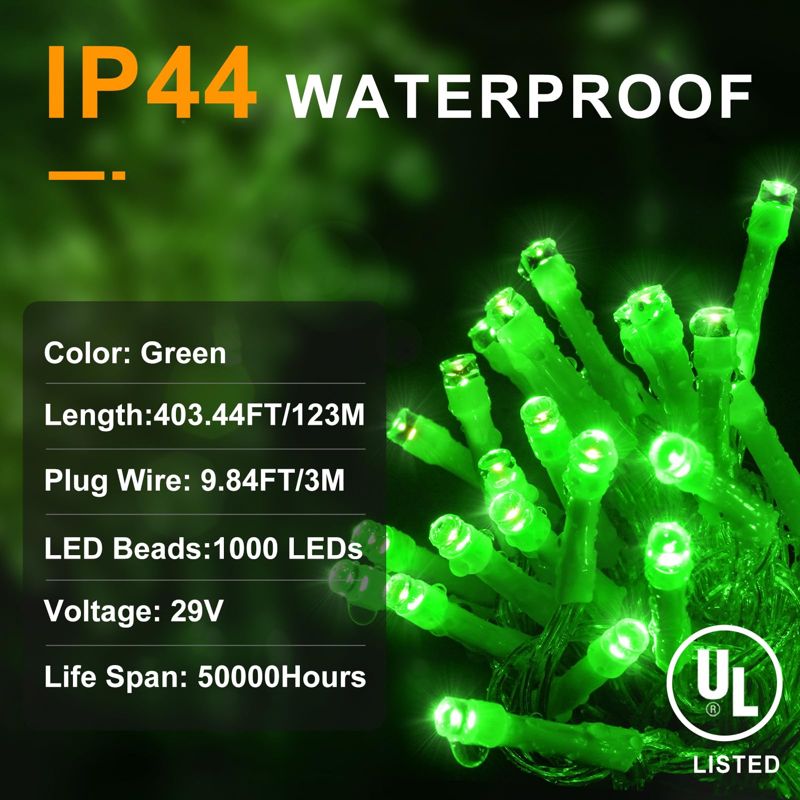 KNONEW LED String Lights 1000 Lights 403ft Waterproof Green Fairy Light 8 Modes & Timer for Outdoor Christmas Decorations Model 68KN-168LIG-NIU