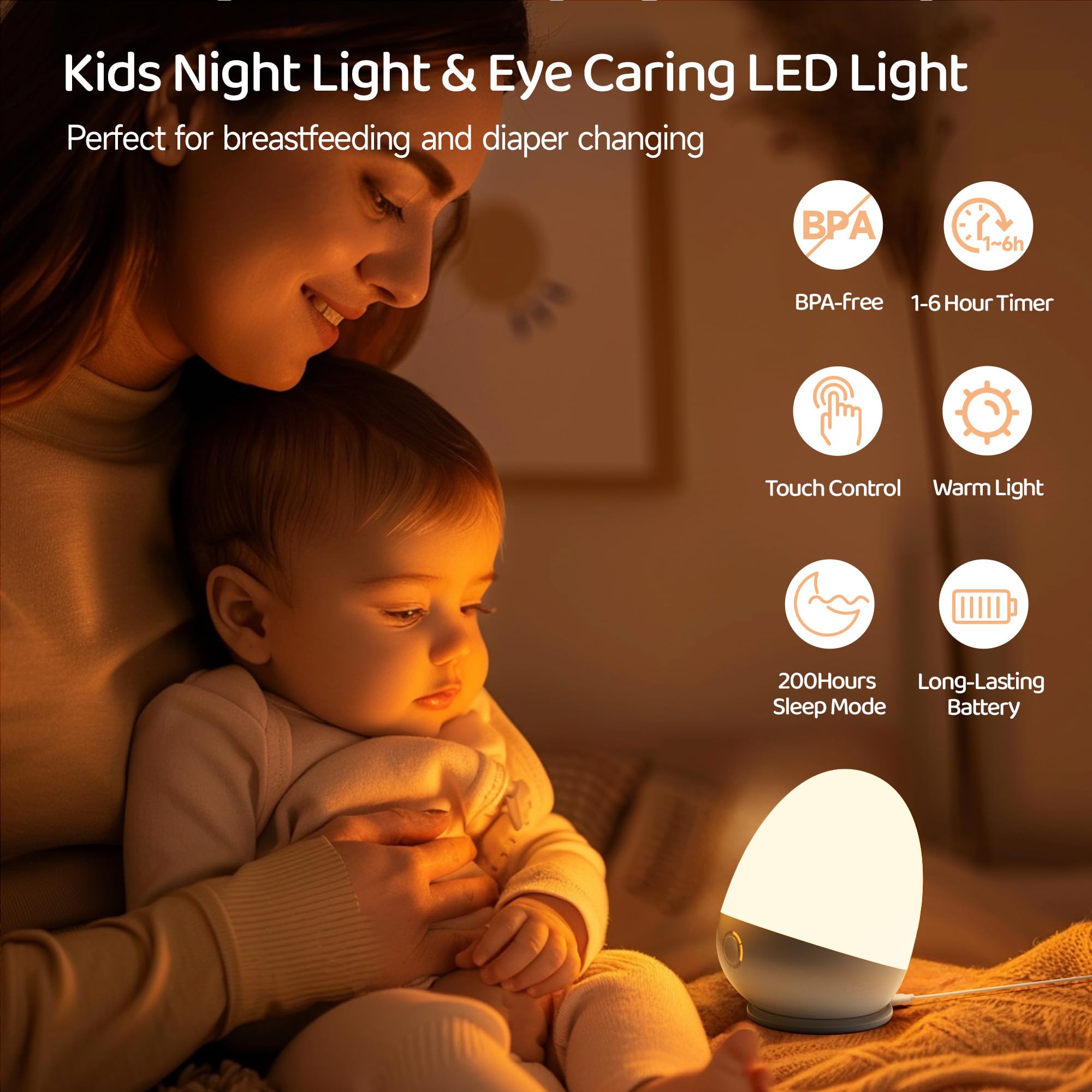 ZUZUKID Touch Egg Night Light - Rechargeable Kids Lamp with Timer, 3 Colors, 4x3.8x5 inches, White, Model MP001