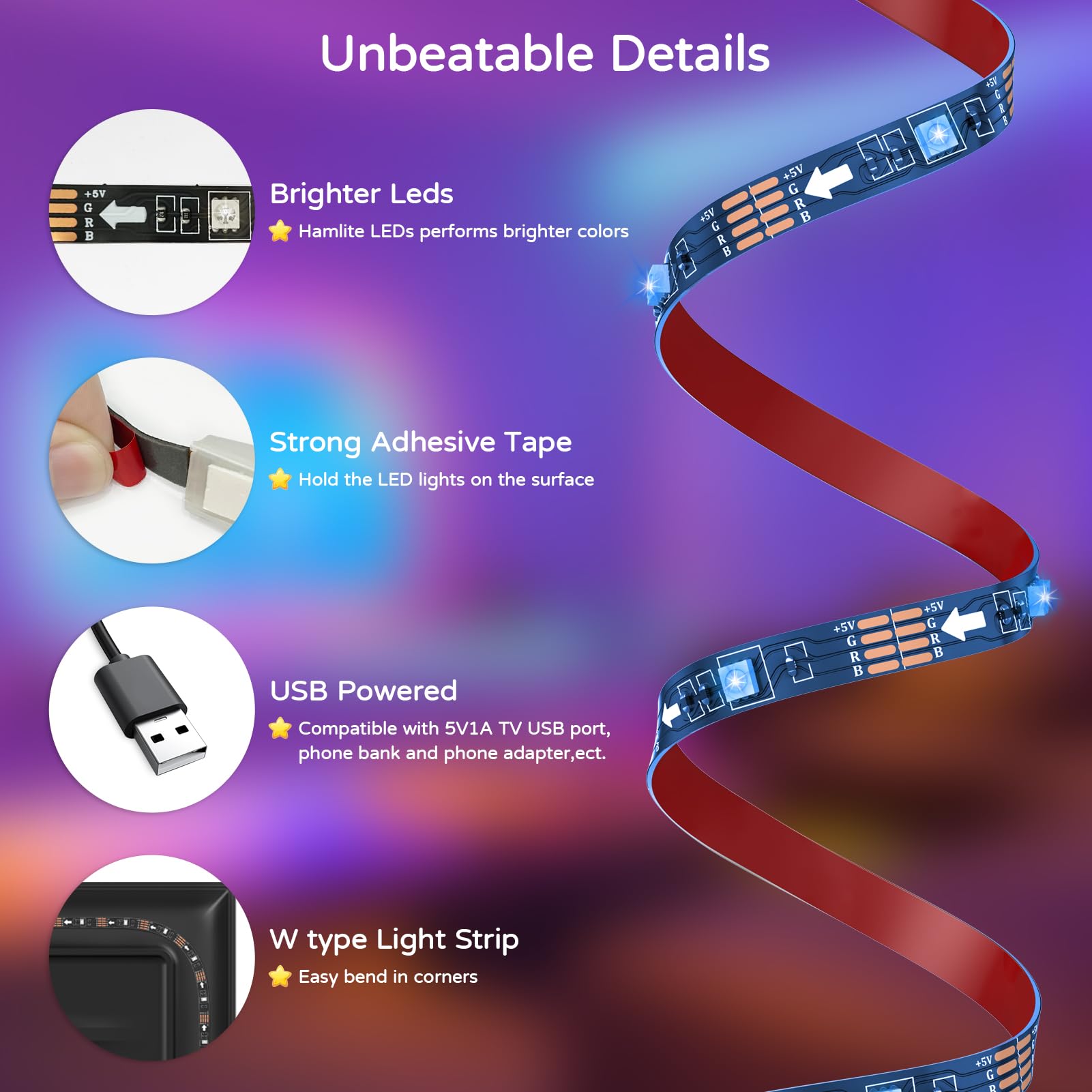 Hamlite Rgb Led Backlight For 85-95 Inch Tvs, Multicolor, Usb Powered, Easy-Bending Design For Home Theater & Gaming Decor