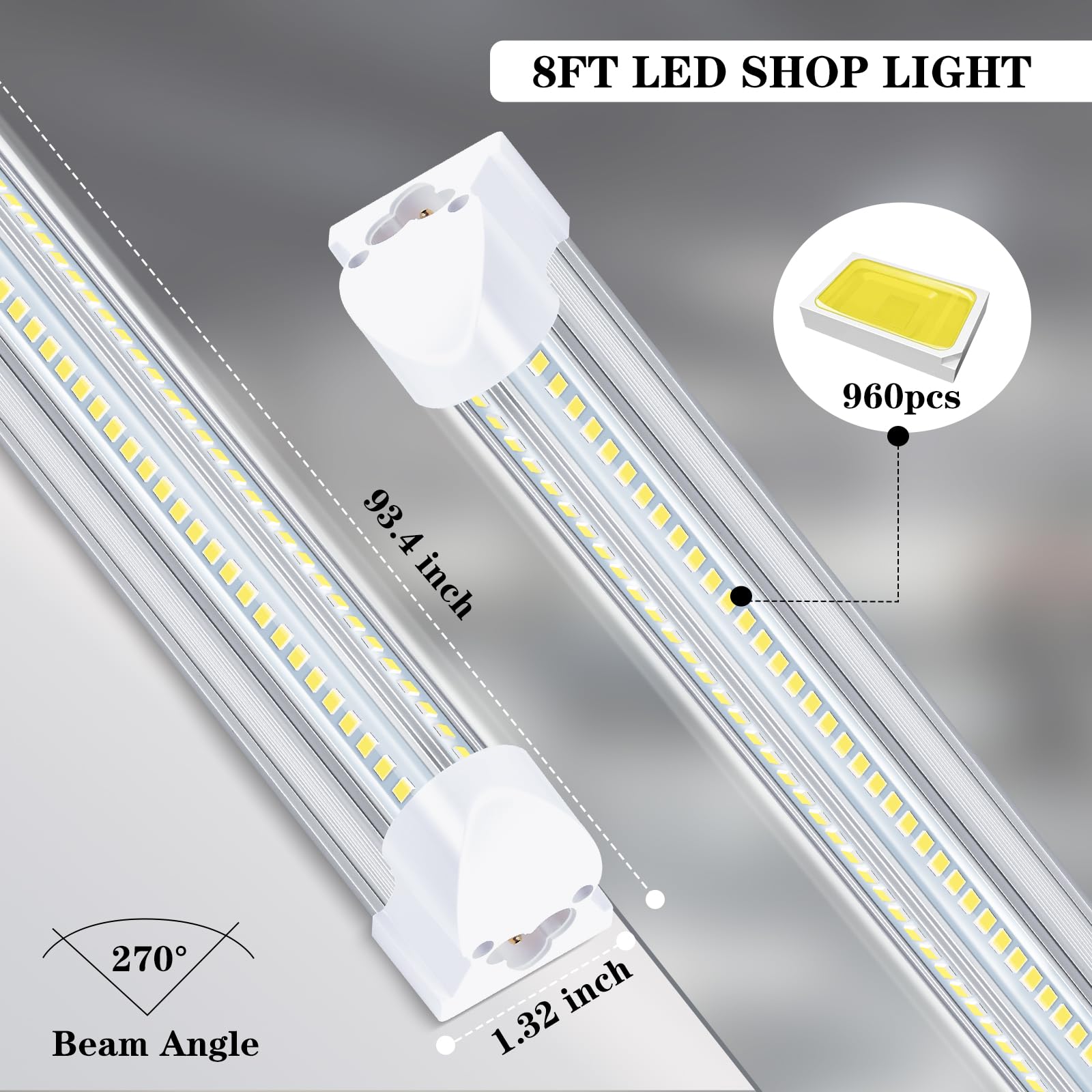 Gugsey 8Ft Led Shop Light Fixture - 100W 15500Lm T8 Shop Lights For Garage, 6000K 8 Foot Daylight V Shape Linkable Garage Lights