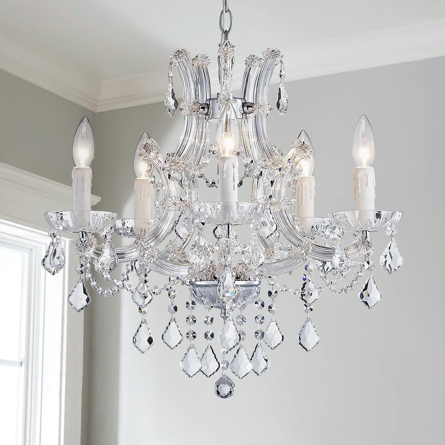 SM Saint Mossi 5-Light Crystal Chandelier, Modern K9 Crystal Pendant Lighting, H22 x W20, Silver Finish, Model SM-DY-19085