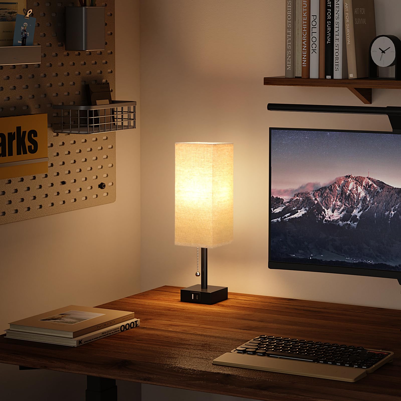 Beige Bedside Table Lamps Set Of 2 - Square Bedroom Lamps With 3 Color Temperatures (3000K/5000K/4000K), Nightstand Lamps With U