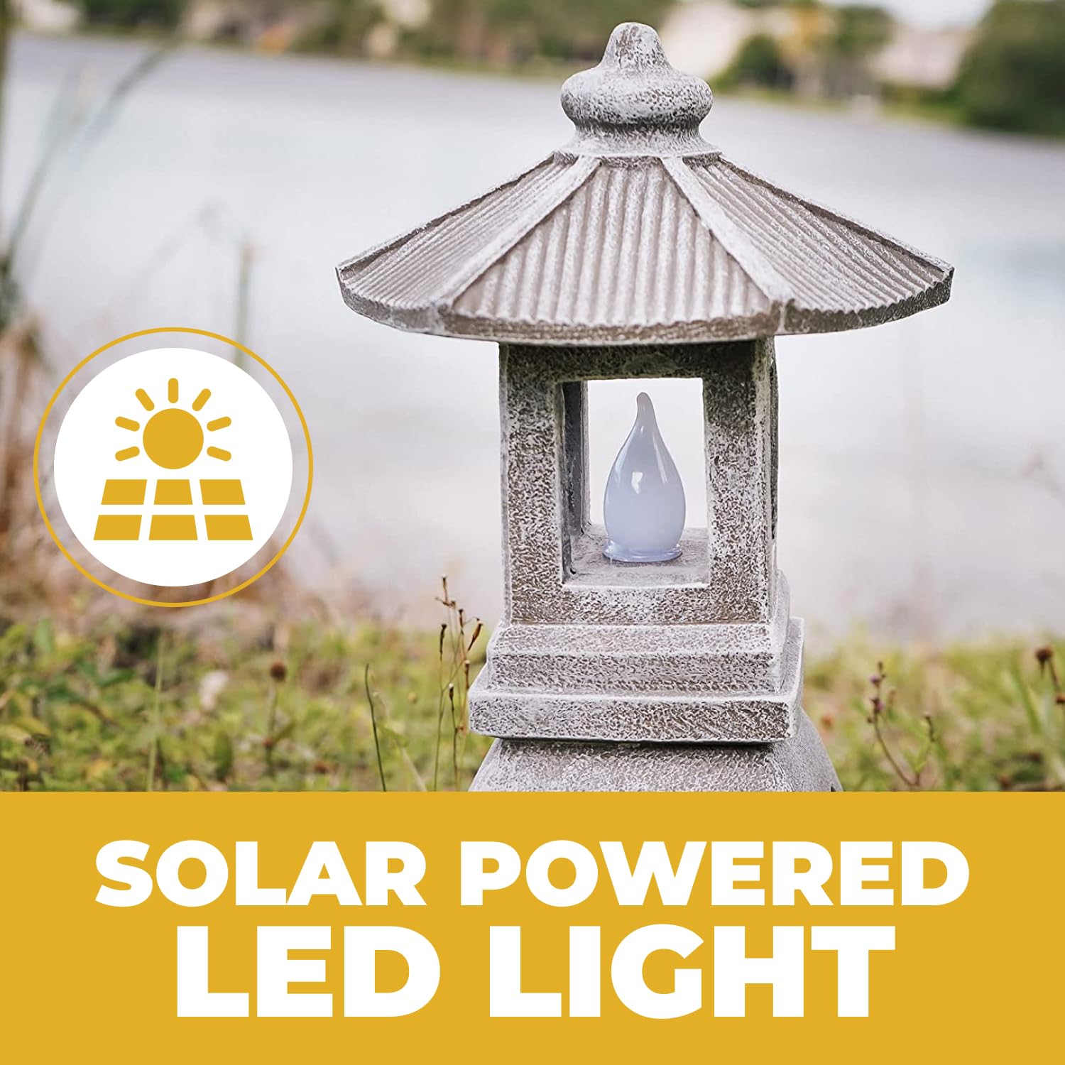 VP Home Solar Powered Pagoda Garden Statue, 12inH x 7.5inW x 6.5inD, Tranquil Pagoda, Outdoor Zen Lantern with Flickering LED Light