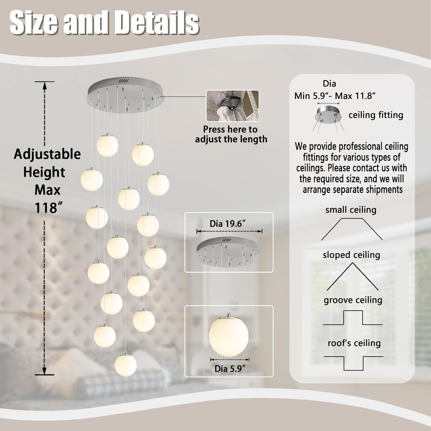 Ykolupty 15-Light Large Chandelier With White Globe Glass Dimmable Ceiling Light Glass Pendant Light For Kitchen Island, Dining