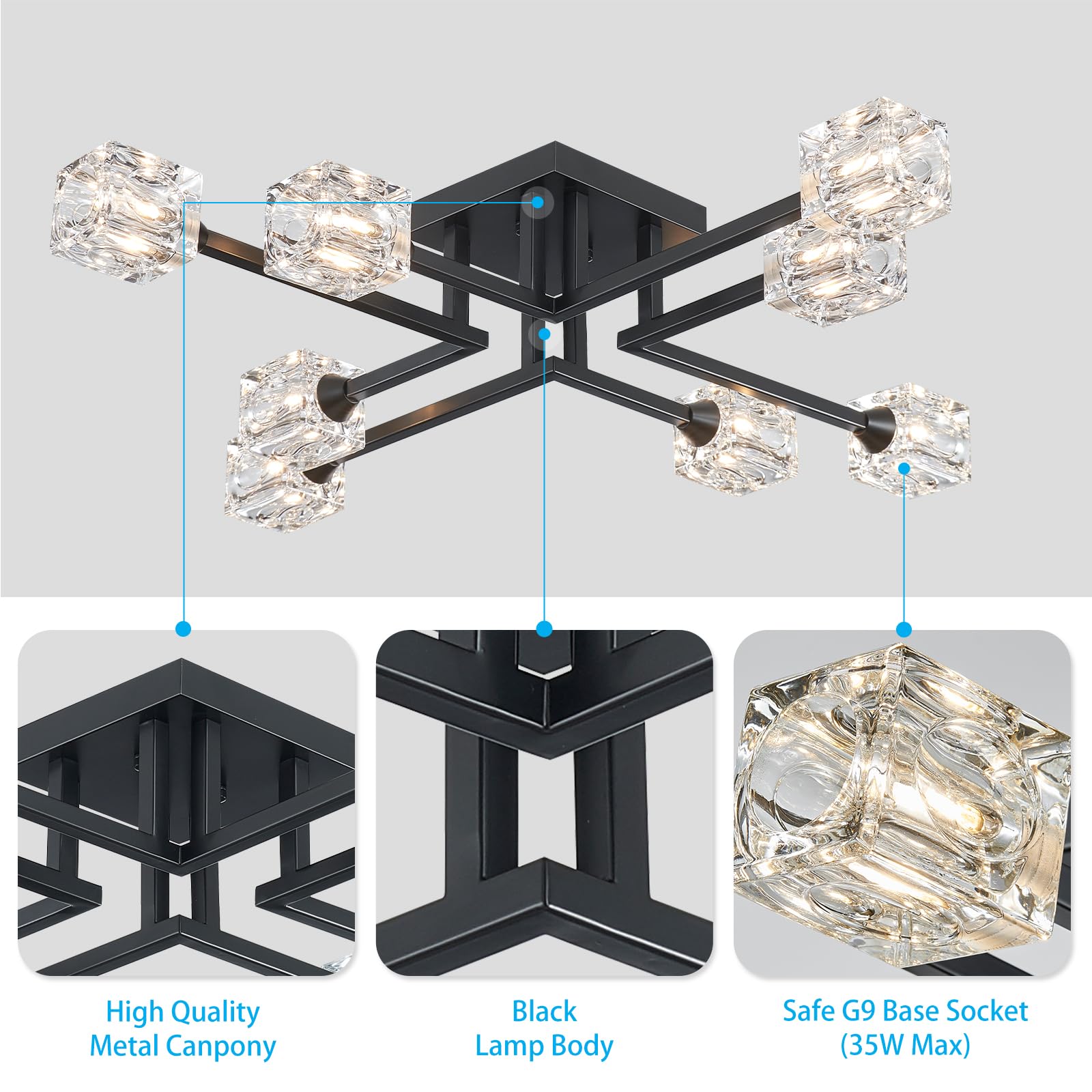 XINGQI Sputnik Chandelier 8-Light Black Semi Flush Mount Ceiling Light for Dining Room, Living Room, Kitchen, Bedroom