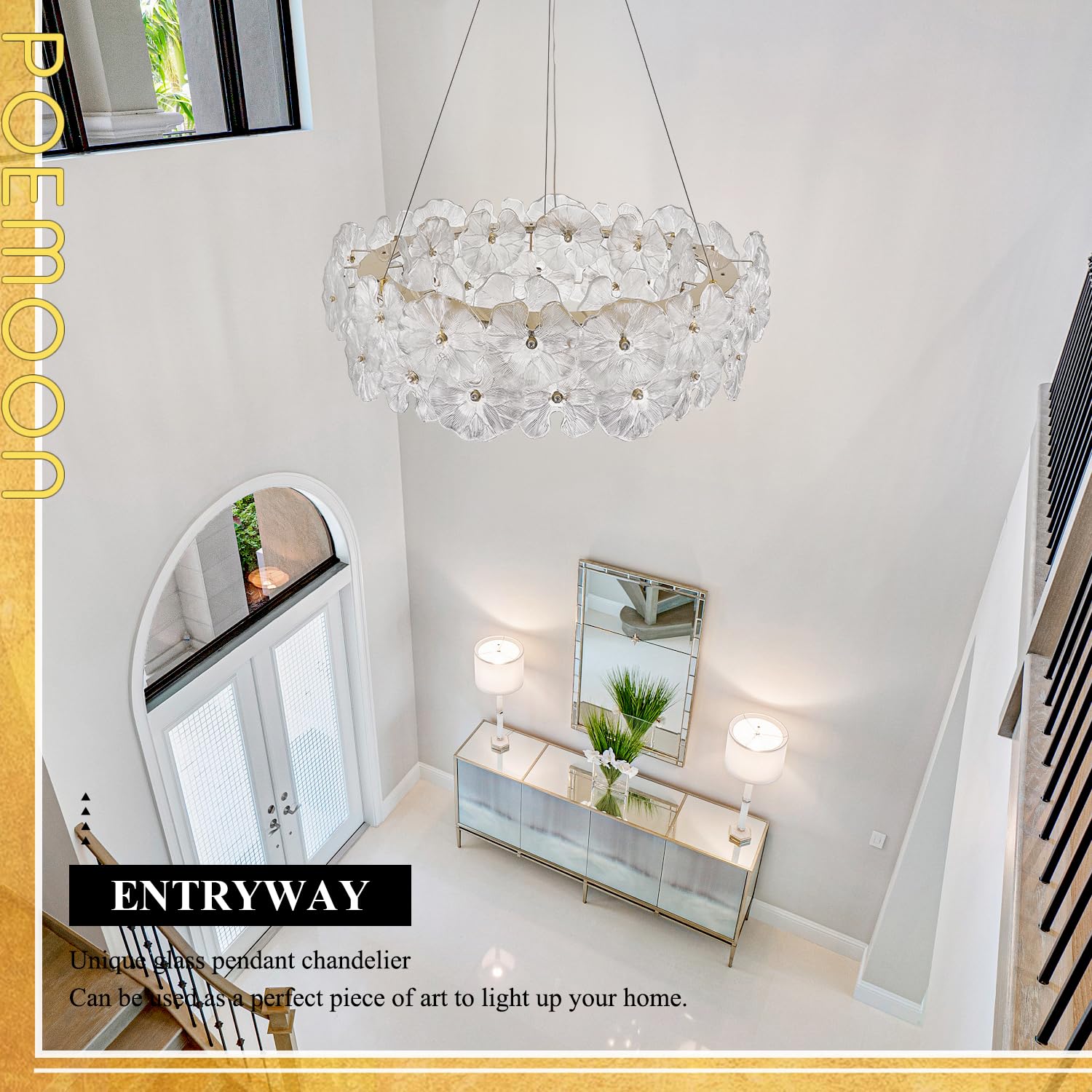 Poemoon 30" Luxury Glass LED Chandelier, Gold-Lotus, Dimmable 3000-6500K, Remote Control, Model P56-800G1 for High Ceil