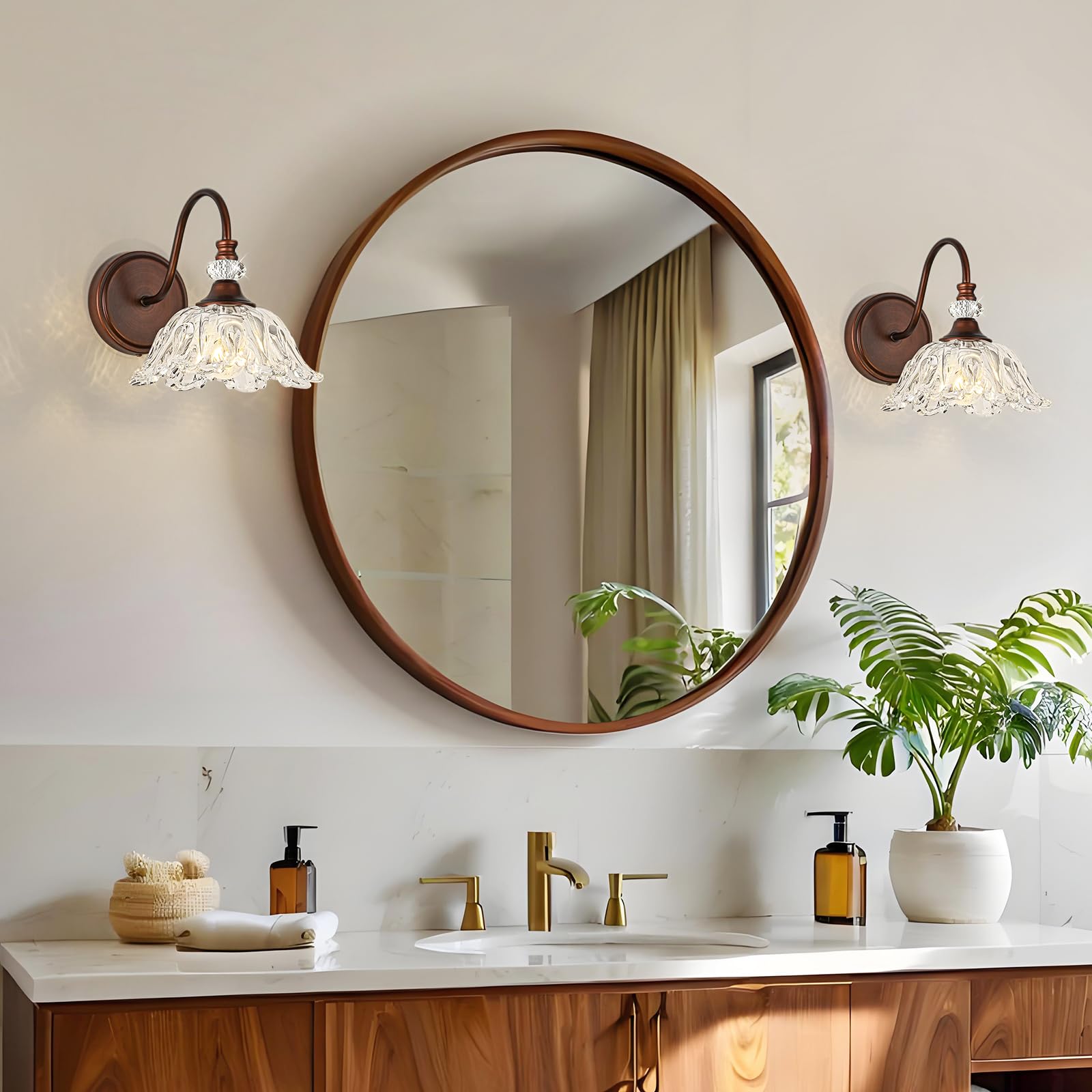 sunkryster 1-Light Oil-Rubbed Bronze Vintage Wall Sconce with Floral Glass Shade, Farmhouse Bathroom Vanity Light, Model Sun-104AB-1-ORB