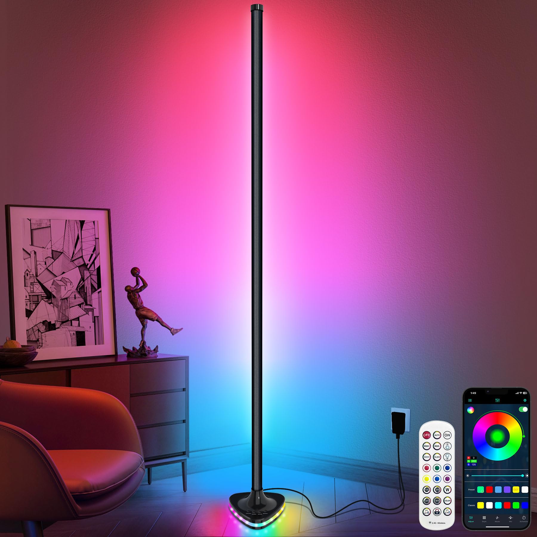 Lansuper Smart Rgb Led Corner Floor Lamp, 21W 1800Lm, Black, Model Ls903, Music Sync, 16 Million Colors, Ambient Lighting