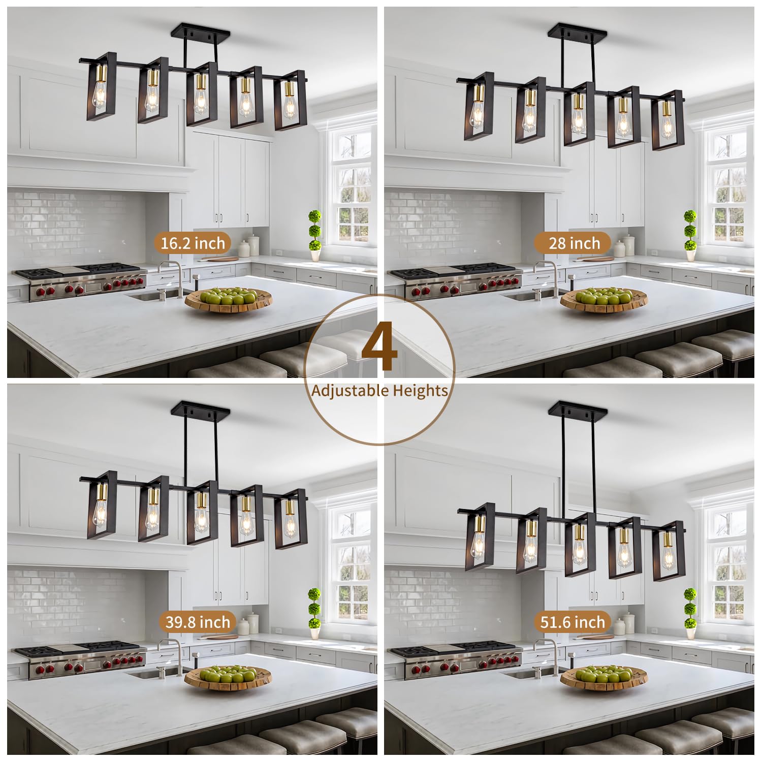 Poroulux Farmhouse Kitchen Island Lighting Black Dining Room Lights Ceiling Hanging Rustic 5 Lights Wood Chandelier Light Fixtur