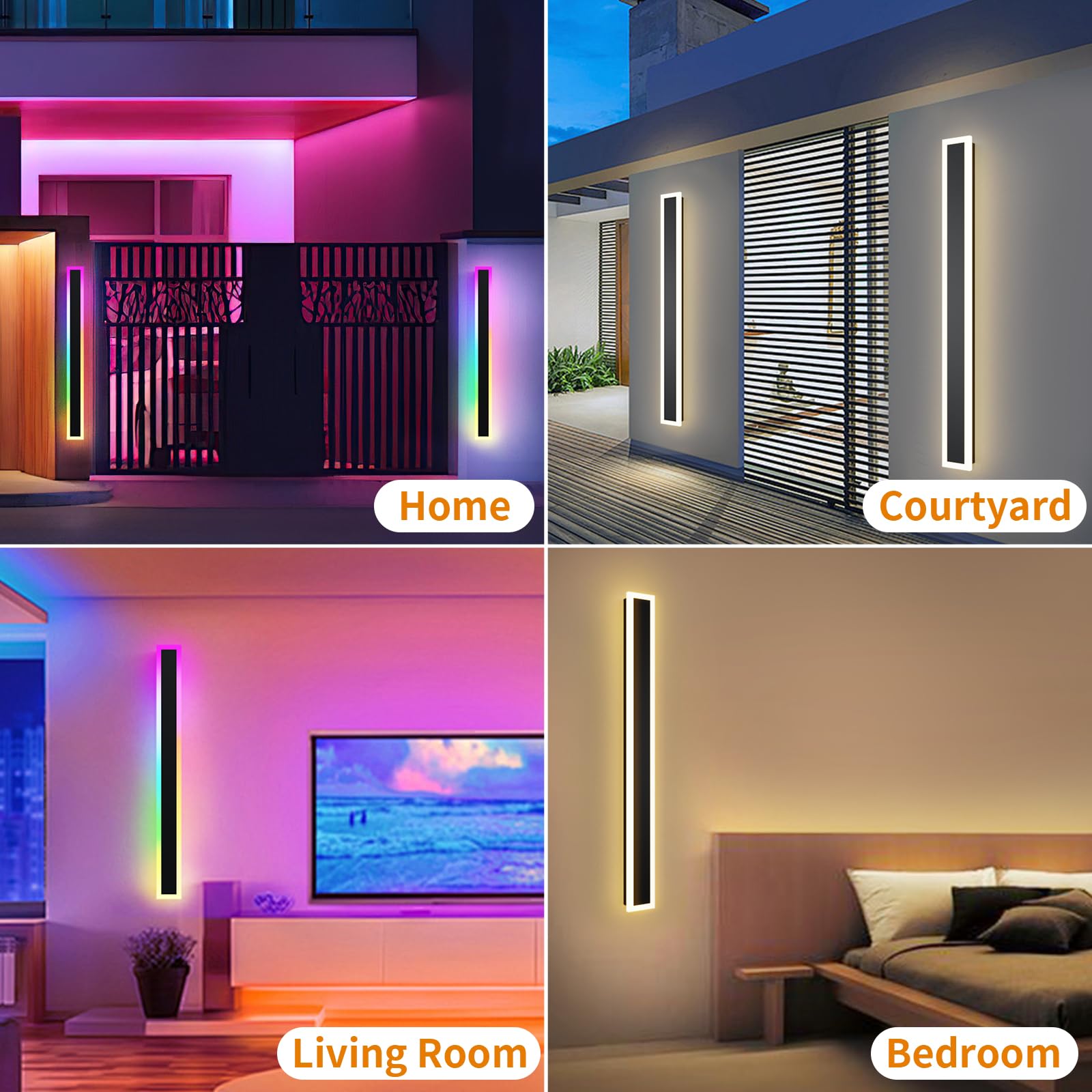 LannlKer Outdoor RGB Long Wall Lights, 31.5in Dimmable LED, IP65 Waterproof, Remote & APP Control, Acrylic, Model BD-RGBICW80
