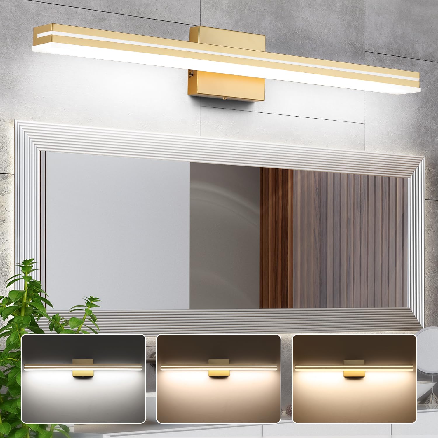 Sinerise Led Modern Bathroom Vanity Light Fixtures (32-Inch, 3000K/4000K/6000K, Dimmable), Gold Modern Acrylic Bathroom Wall Lig