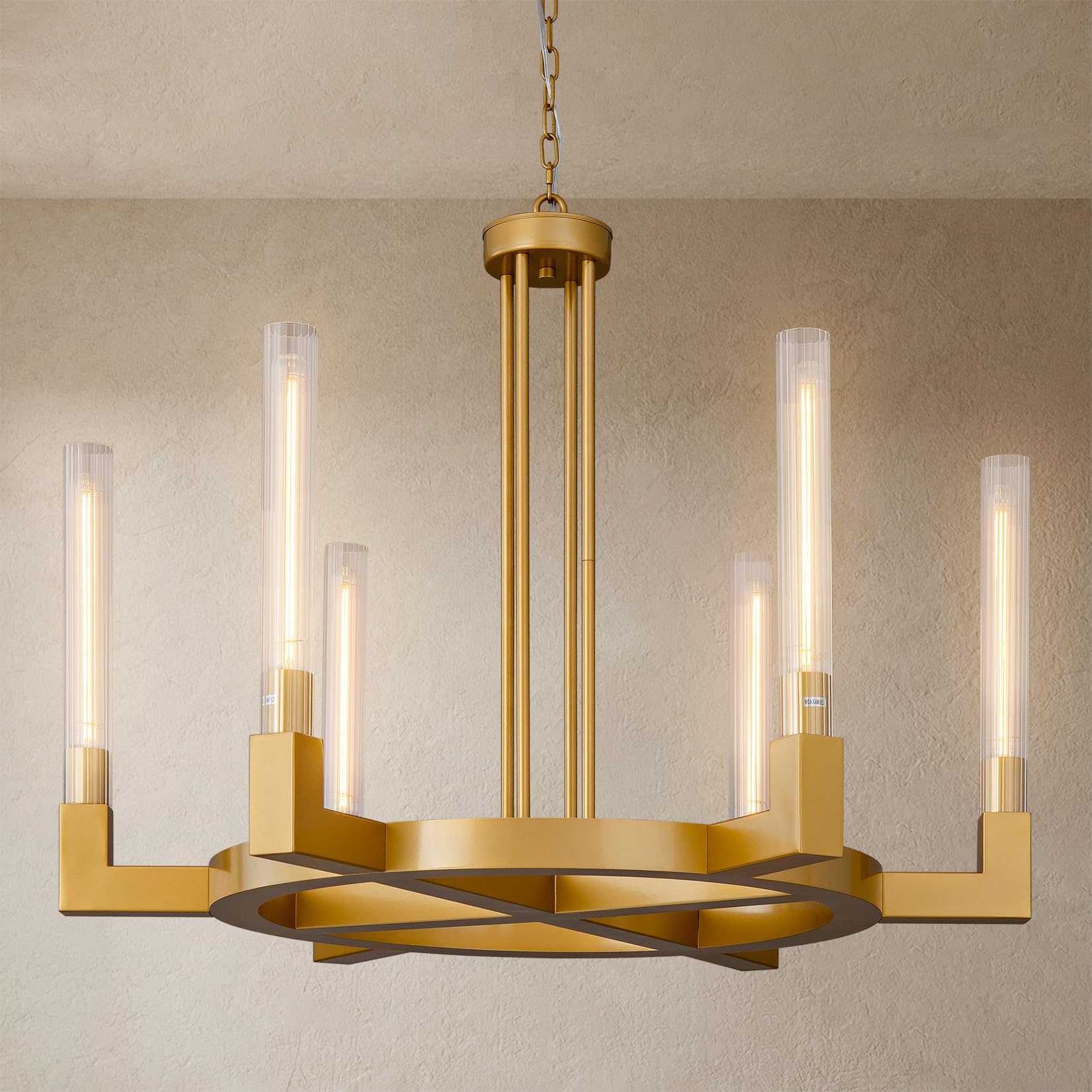 YUEXPAND Farmhouse Chandelier with Glass Tube, Gold 6-Lights Wagon Wheel Chandeliers 35''Round Luxurious Large Chandelier Fixtur