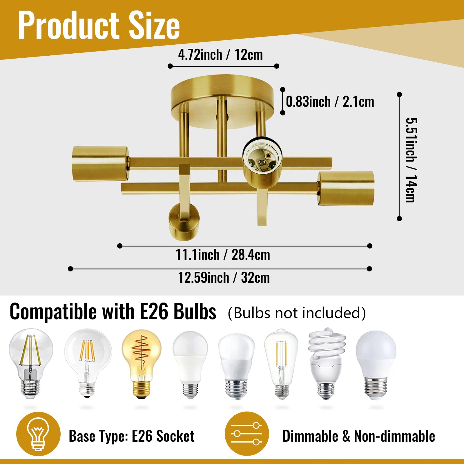 Ceiling Light  Dining Room Light Fixture With E26 Base  Semi Flush Mount Ceiling Light Fixture  Kitchen Lighting Fixtures Ceiling  4-Light Matte Gold Chandelier For Bedroom