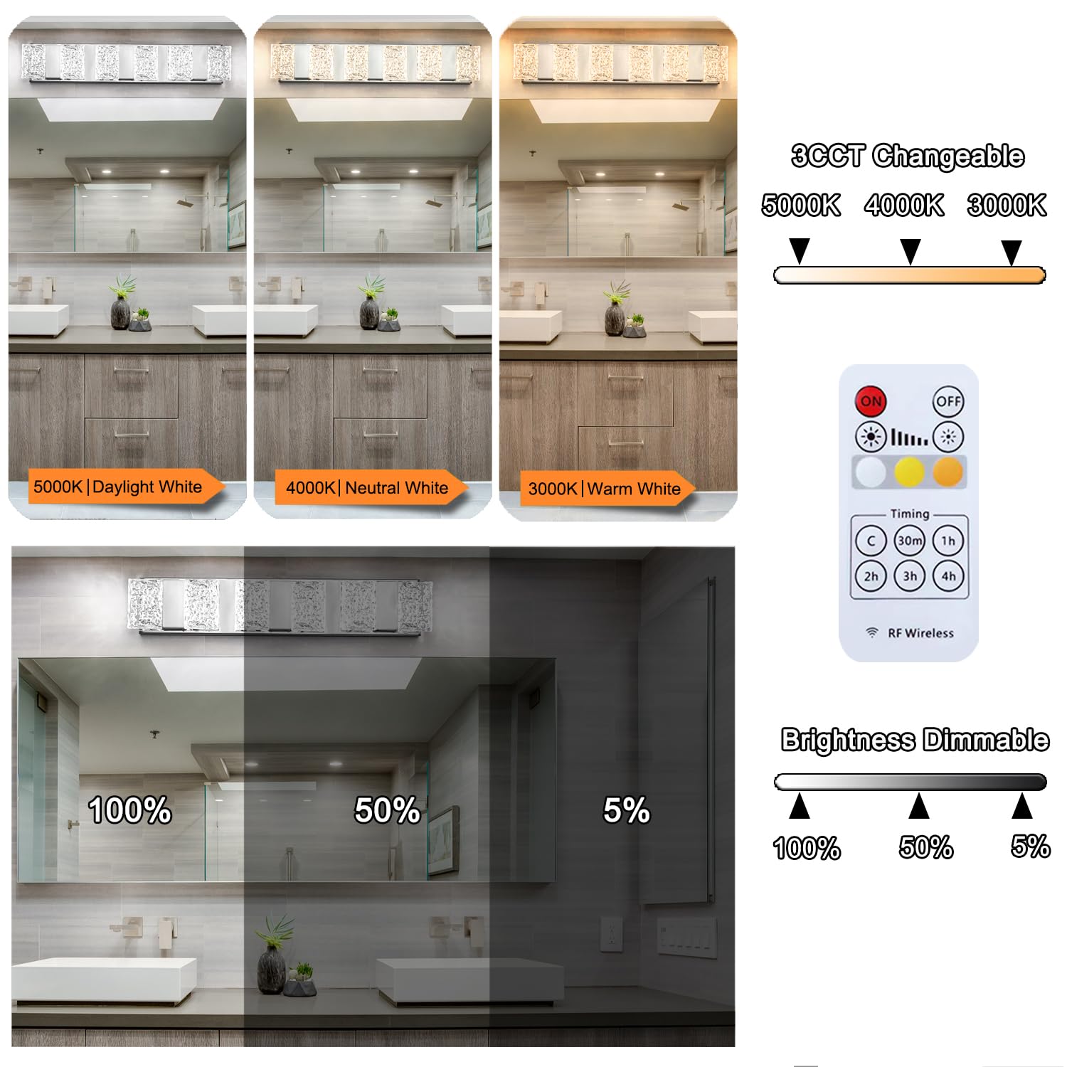 Modern 6-Lights Bathroom Vanity Lighting  Chrome Crystal Led Bathroom Light Fuxtures Over Mirror  Art Deco Dimmable Wall Sconce  Crystal Bathroom Light  Acrylic Hardwired Wall Lamp(H4.33In  L22.64In)