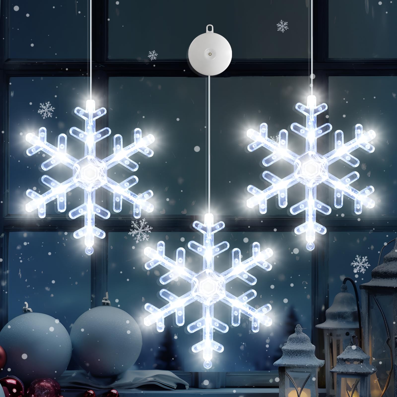 LYUBASA 3Pack Christmas Window Lights Decorations with Timer, Battery Powered Christmas Hanging White Lighted Snowflake Shaped L