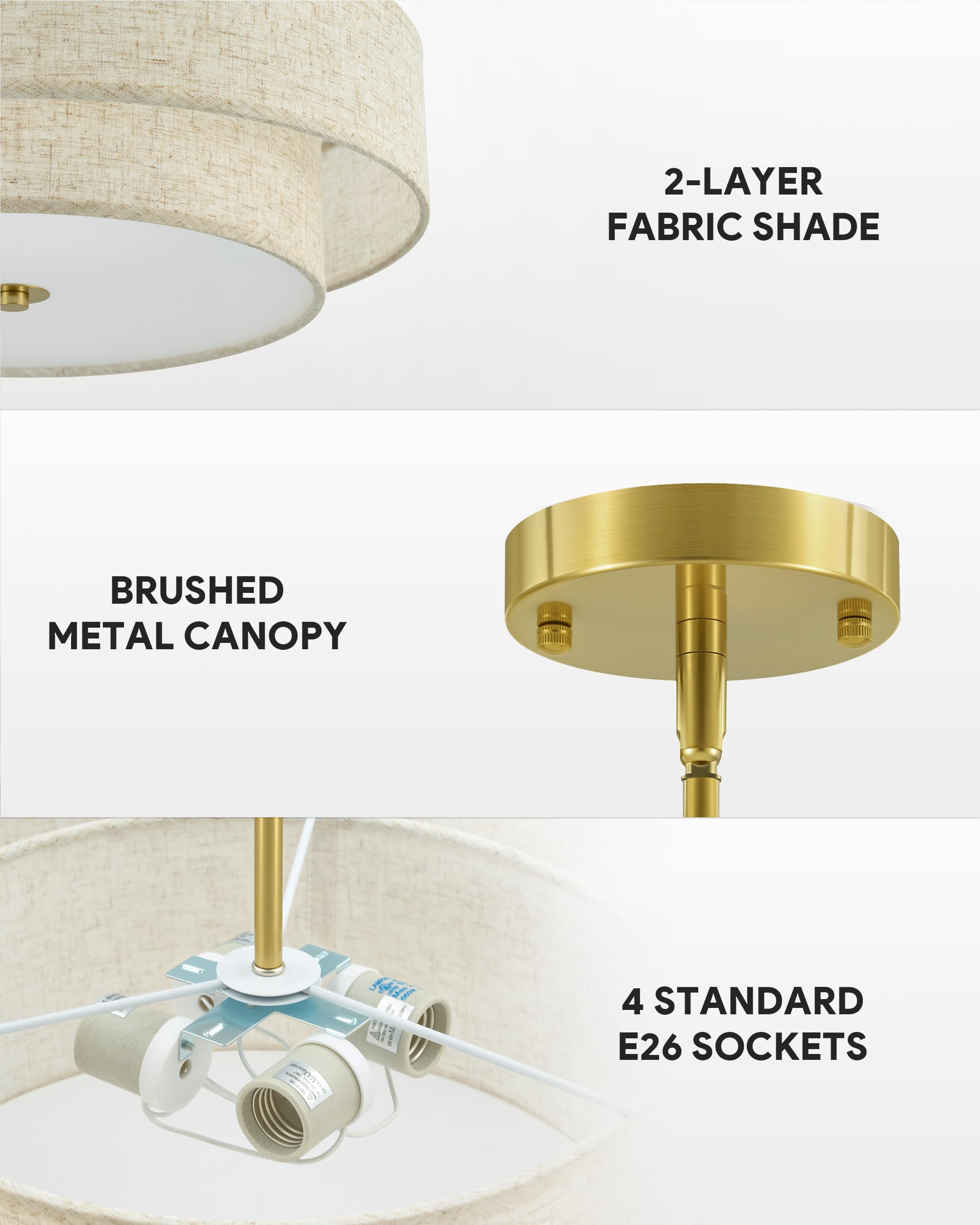 VONLUCE 18" Modern Drum Chandelier, 4-Light Pendant Light Fixture, Gold Fabric Shade, Model HCF1018GD for Dining Room, Bedroom, Living Room