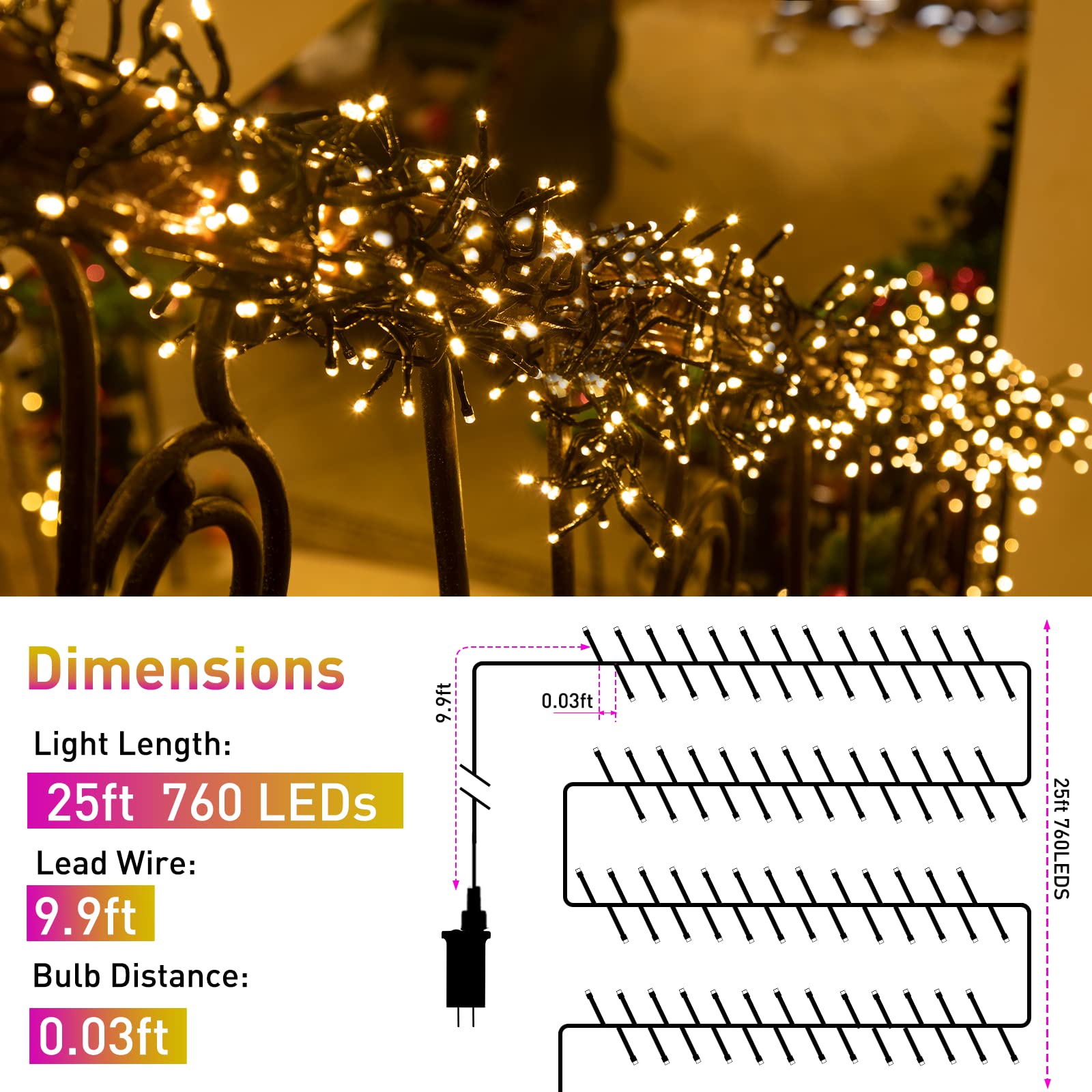 Quntis LED Christmas Cluster Lights, 760 LEDs 25FT Outdoor Waterproof Black Wire Christmas Firecrackers String Lights, 8 Modes W