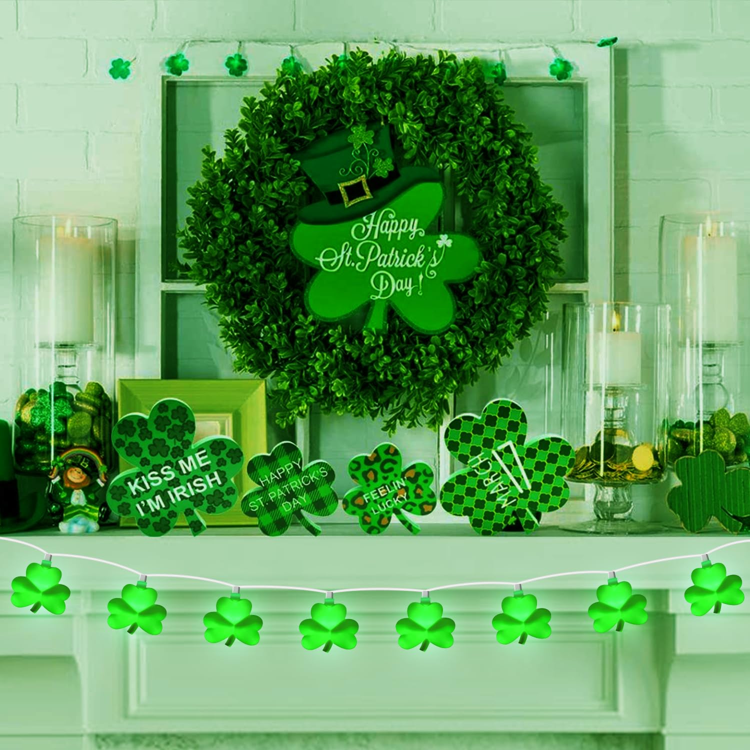 St Patricks Day Decorations Shamrock String Lights, 8.5Ft Green Lucky Clover String Lights Waterproof With 10 Green Led Lights F