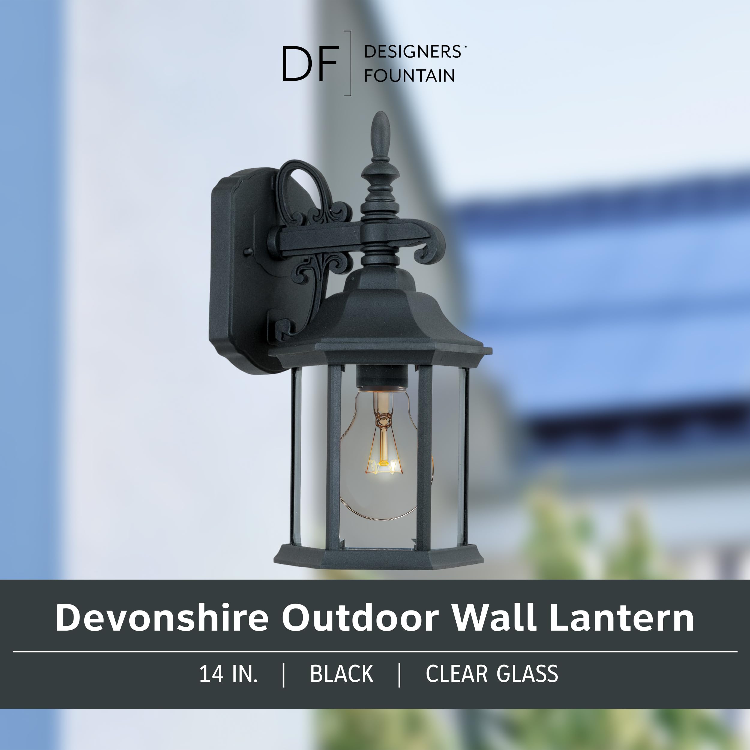 DESIGNERS FOUNTAIN Devonshire Outdoor Light Fixture, 14 Inch Wall Mount Lantern Sconce, Black, Model 2961-BK, Aluminum Material
