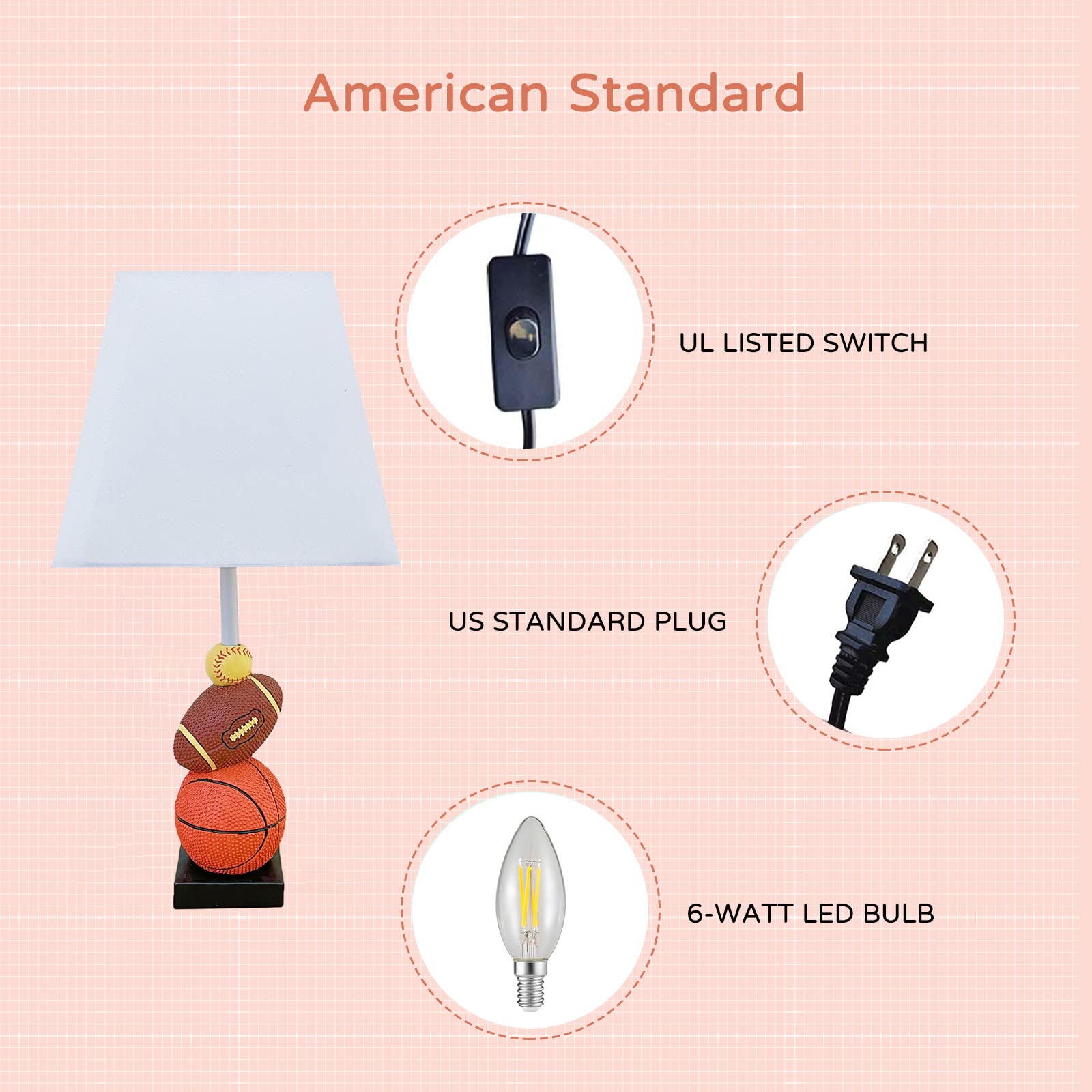 Herbestbay Kids Table Lamp, 14 Inch Football, Basketball & Baseball Design With Cute Lampshade, Sports-Themed Lamp Ideal For Chi