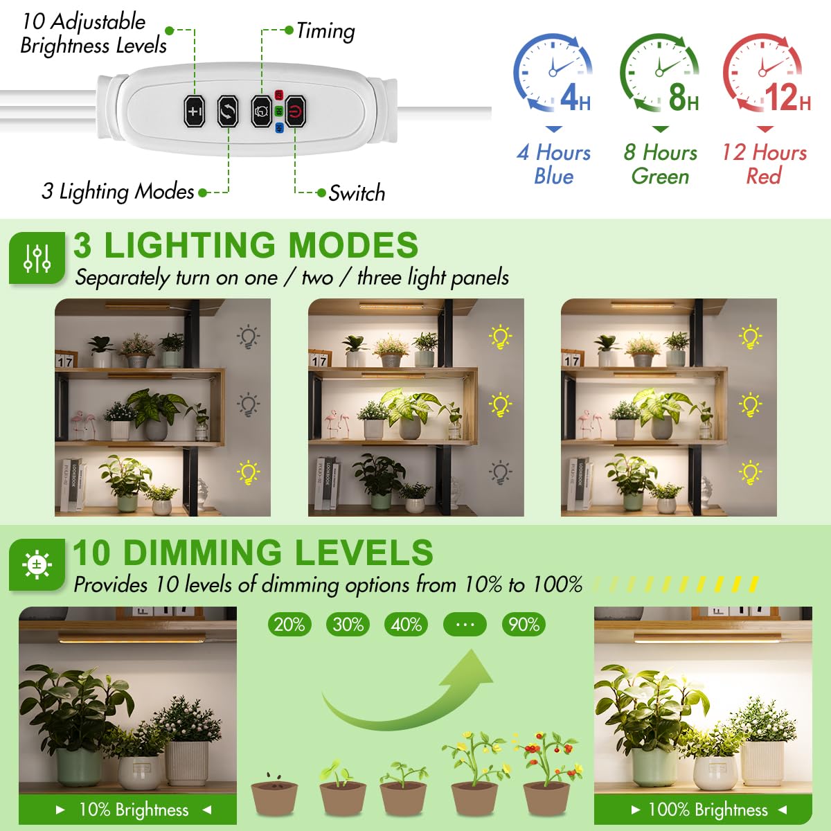 Foxgarden® Grow Light For Indoor Plants Full Spectrum, Bamboo Plant Light Strip For Indoor Growing, 288 Led Grow Lamp With Timer 4/8/12H, 3 Switch Modes, 10 Dimmable Levels, 3 Strips With 1 Controller