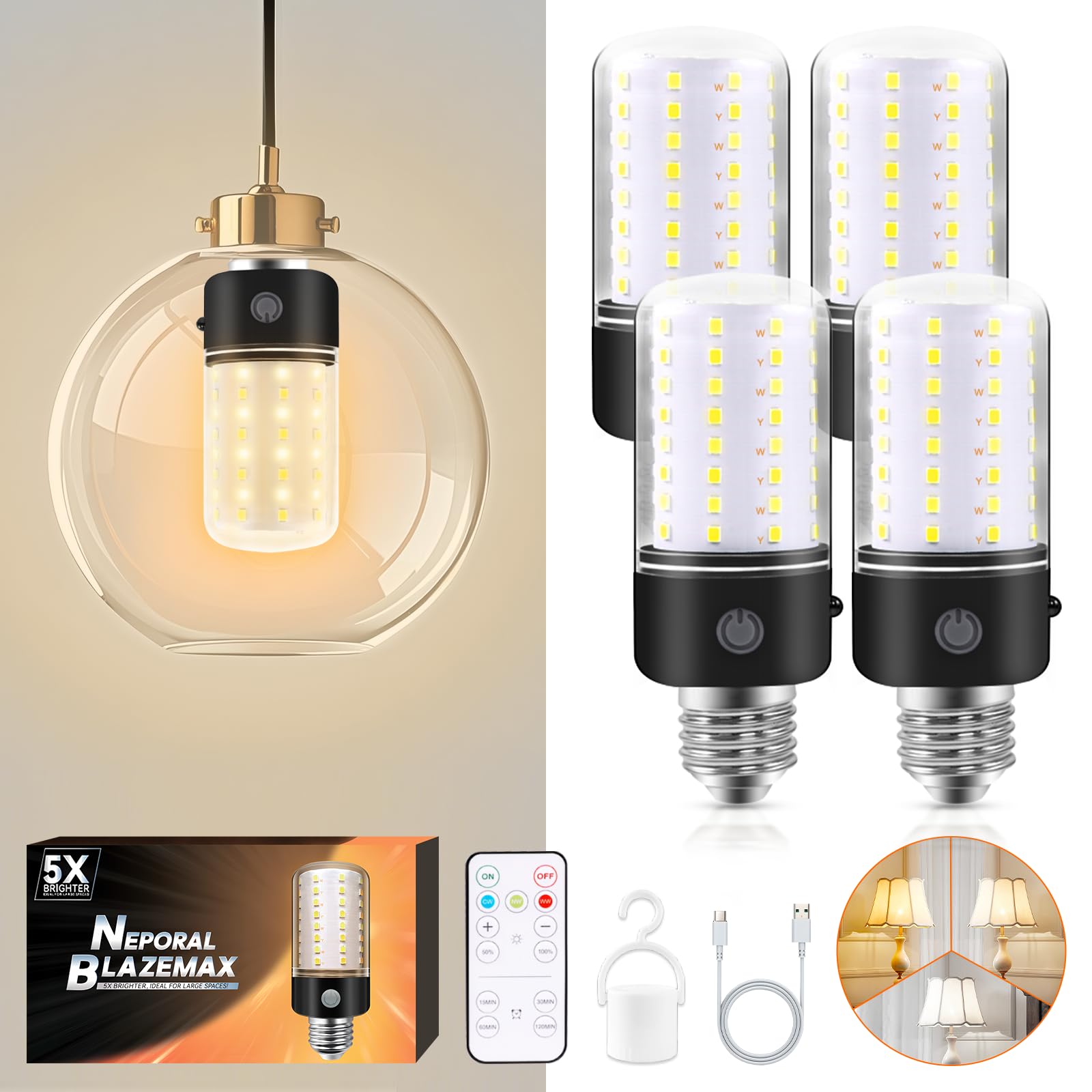 Neporal BlazeMax Rechargeable LED Light Bulbs, 72 Bright LEDs, Dimmable, 4 Pack, Soft White/Daylight/Cool White, A19 E26/E27