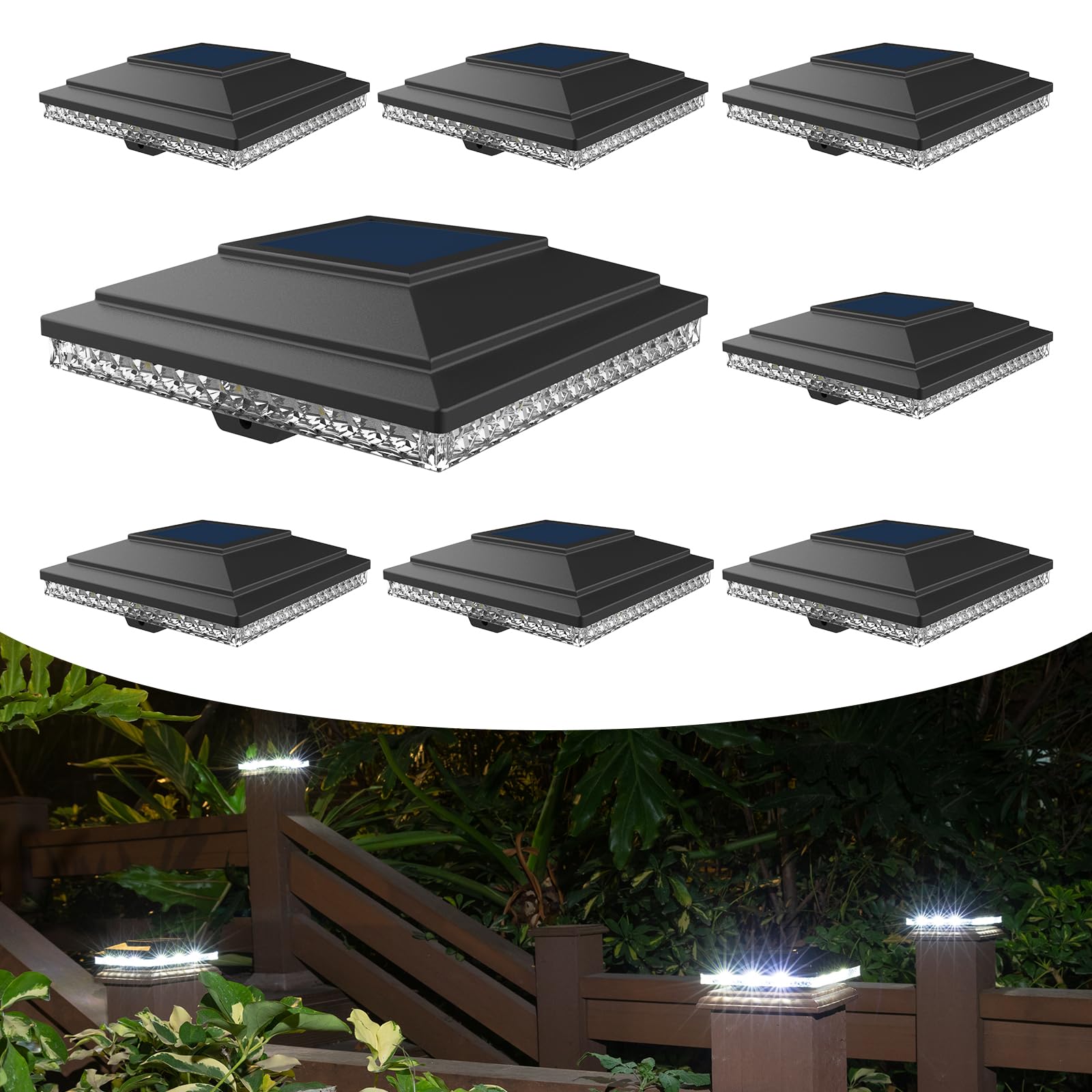 HUYIENO Solar Post Cap Lights, 20 Lumens, 8pk, Warm White/Bright White, Black, Suitable for 4x4 & 5x5 Wooden/Vinyl