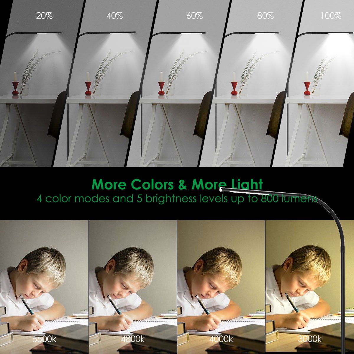 JOLY JOY LED Modern Floor Lamps, Flexible Gooseneck Standing Reading Light W/Stable Base, 4 Color & 5 Brightness Dimmer, Touch &
