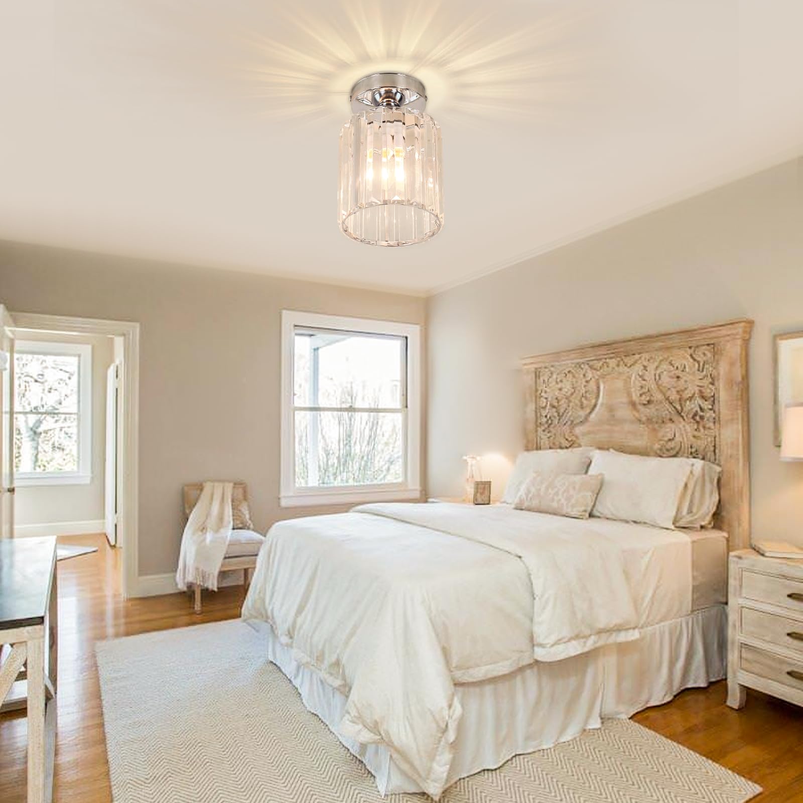 Frixchur Small Chrome Crystal Chandelier Ceiling Light Semi Flush For Hallway, Kitchen, Dining Room