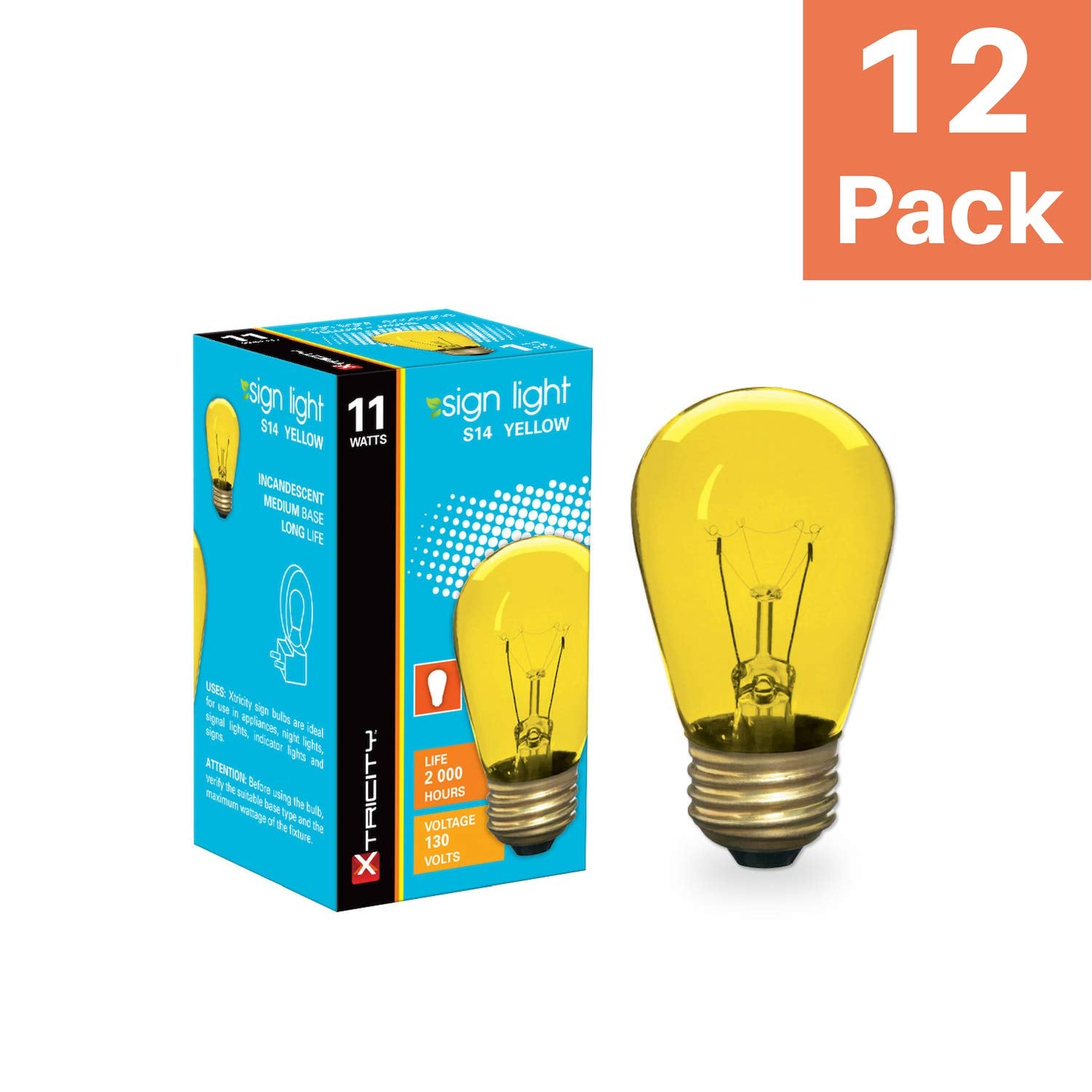 Xtricity Incandescent S14 Edison Light Bulb, E26 Medium Base, 130V, Yellow, 12 Pack