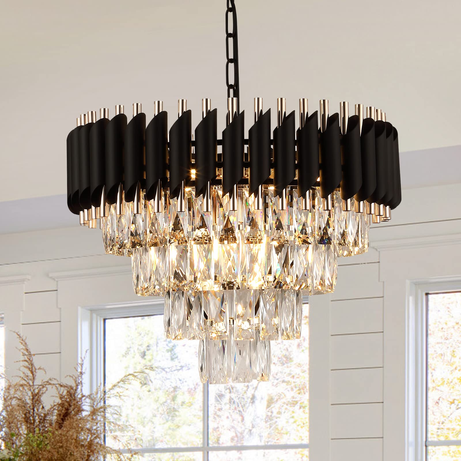 A AXILIXI Modern Crystal Chandelier 20in K9 Crystal Black & Gold 4-Tier Flush Mount Light Fixture Model 8801-500 for Dining Room Foyer