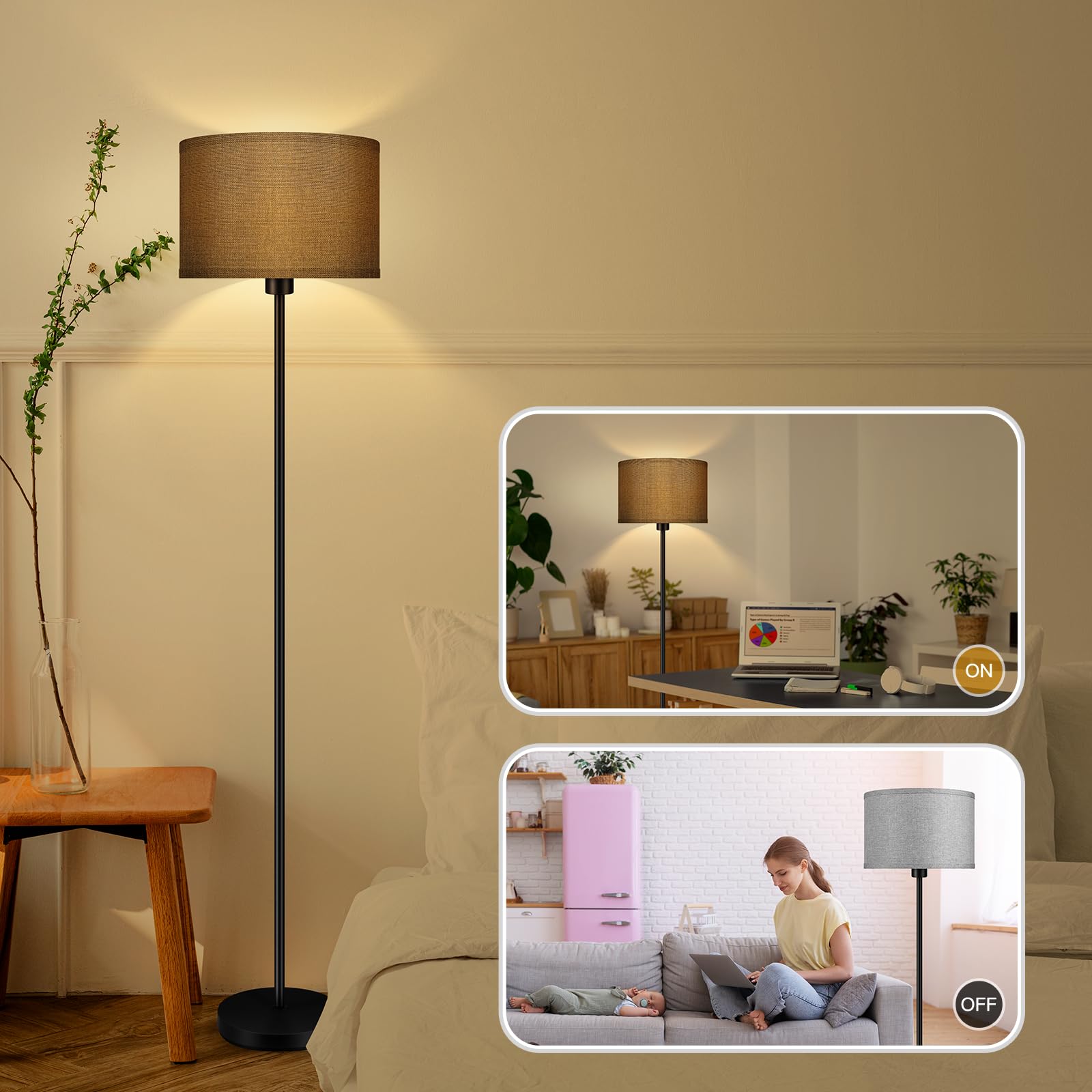 Modern Floor Lamp For Living Room, Bedroom, Office - Grey Shade, Foot Switch, Simple Pole Design